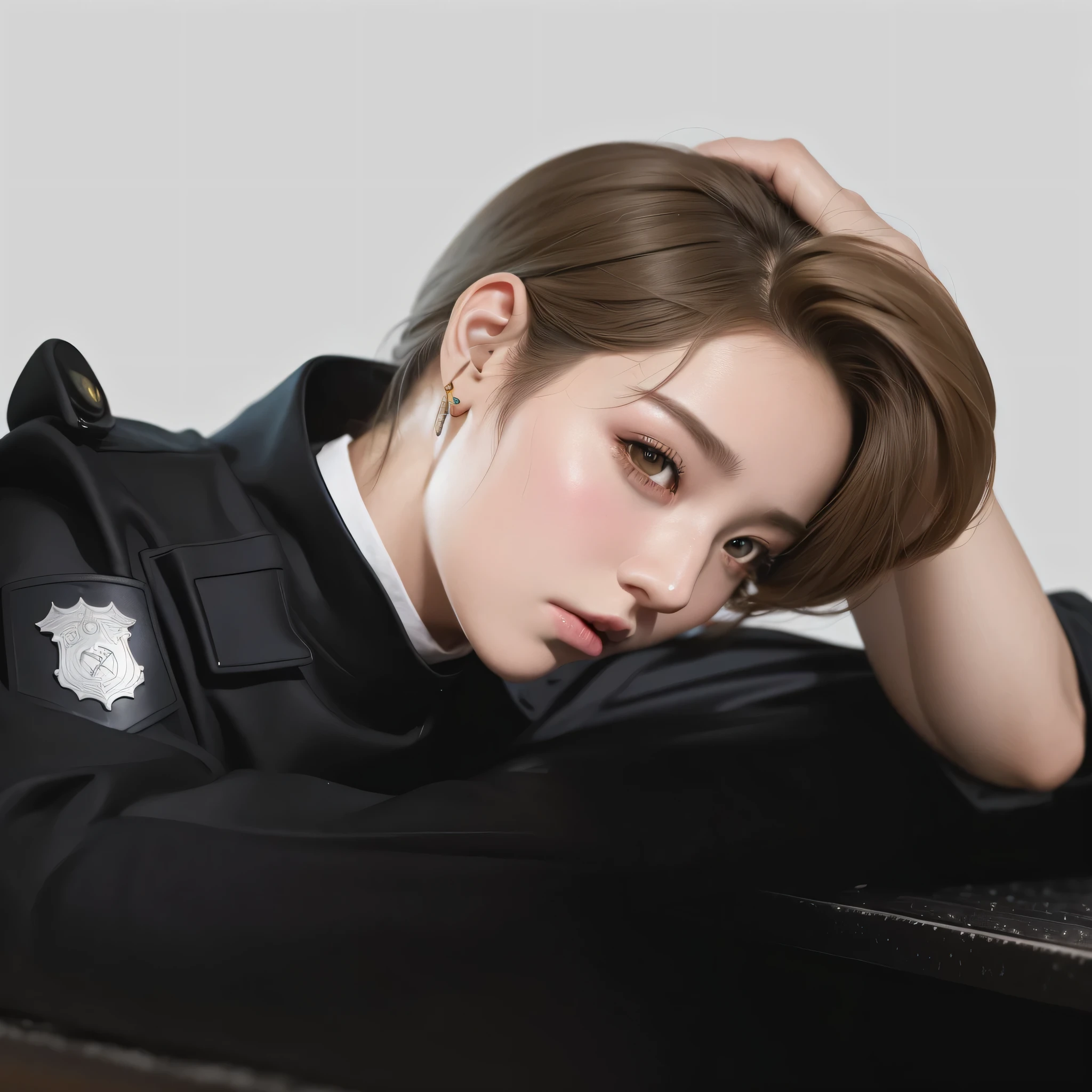 There is a man in a police uniform sitting at the piano, Retrato de Jossi de Blackpink, estilo de arte realista, inspirado en Yanjun Cheng, fanart de alta calidad, kpop idol portrait, realism artistic style, Retrato de ultra realista, Cai Xu Kun, parque jimin, inspirado en Gang Se-hwang, obra de arte al estilo de guweiz, estilo de arte anime realista