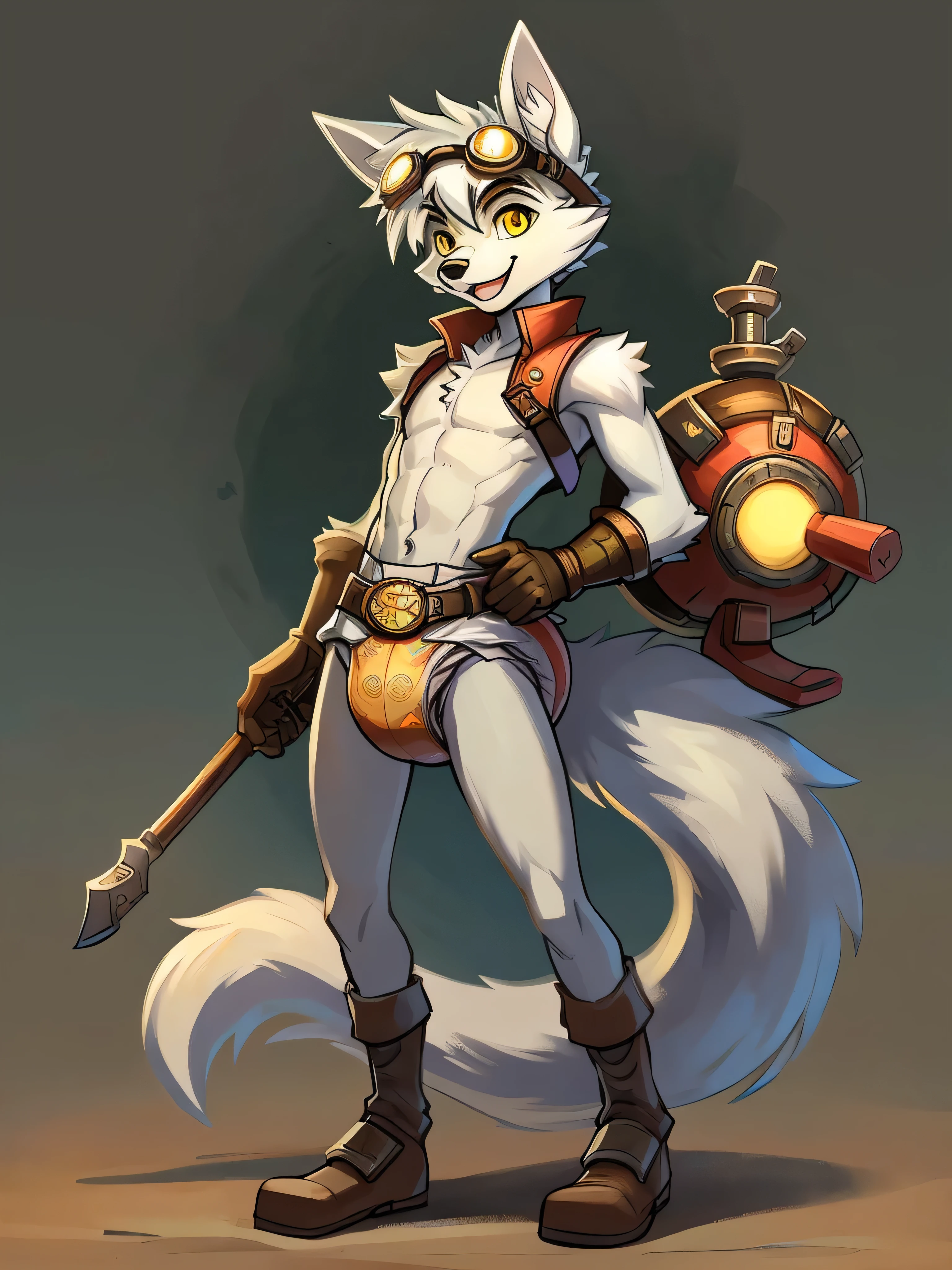 Male, arctic wolf, detailed yellow eyes, long tail, tinkerer, slim, sly, simple background, detailed plain diaper, tools, artificer, happy, goggles on head, steampunk