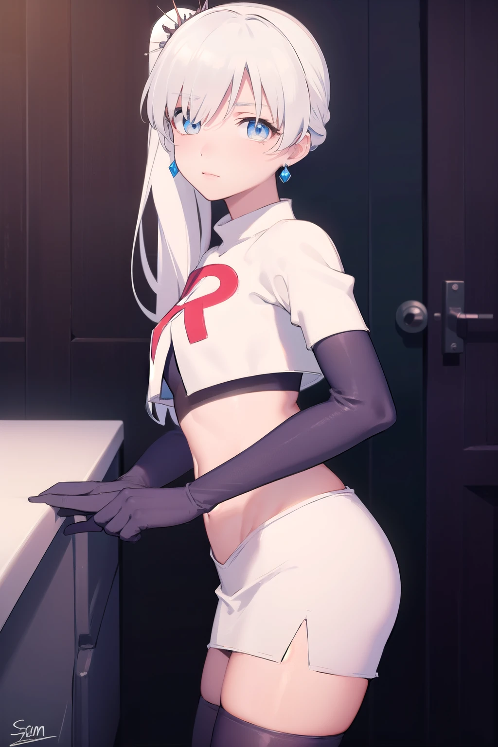 weissschnee, weiss schnee, long hair, blue eyes, hair ornament, ponytail, white hair, side ponytail, scar, tiara, scar on face, scar across eye,
BREAK jewelry, earrings, team rocket,team rocket uniform, red letter R, white skirt,white crop top,black thigh-highs,black elbow gloves
BREAK looking at viewer, (cowboy shot:1.5),
BREAK (masterpiece:1.2), best quality, high resolution, unity 8k wallpaper, (illustration:0.8), (beautiful detailed eyes:1.6), extremely detailed face, perfect lighting, extremely detailed CG, (perfect hands, perfect anatomy),