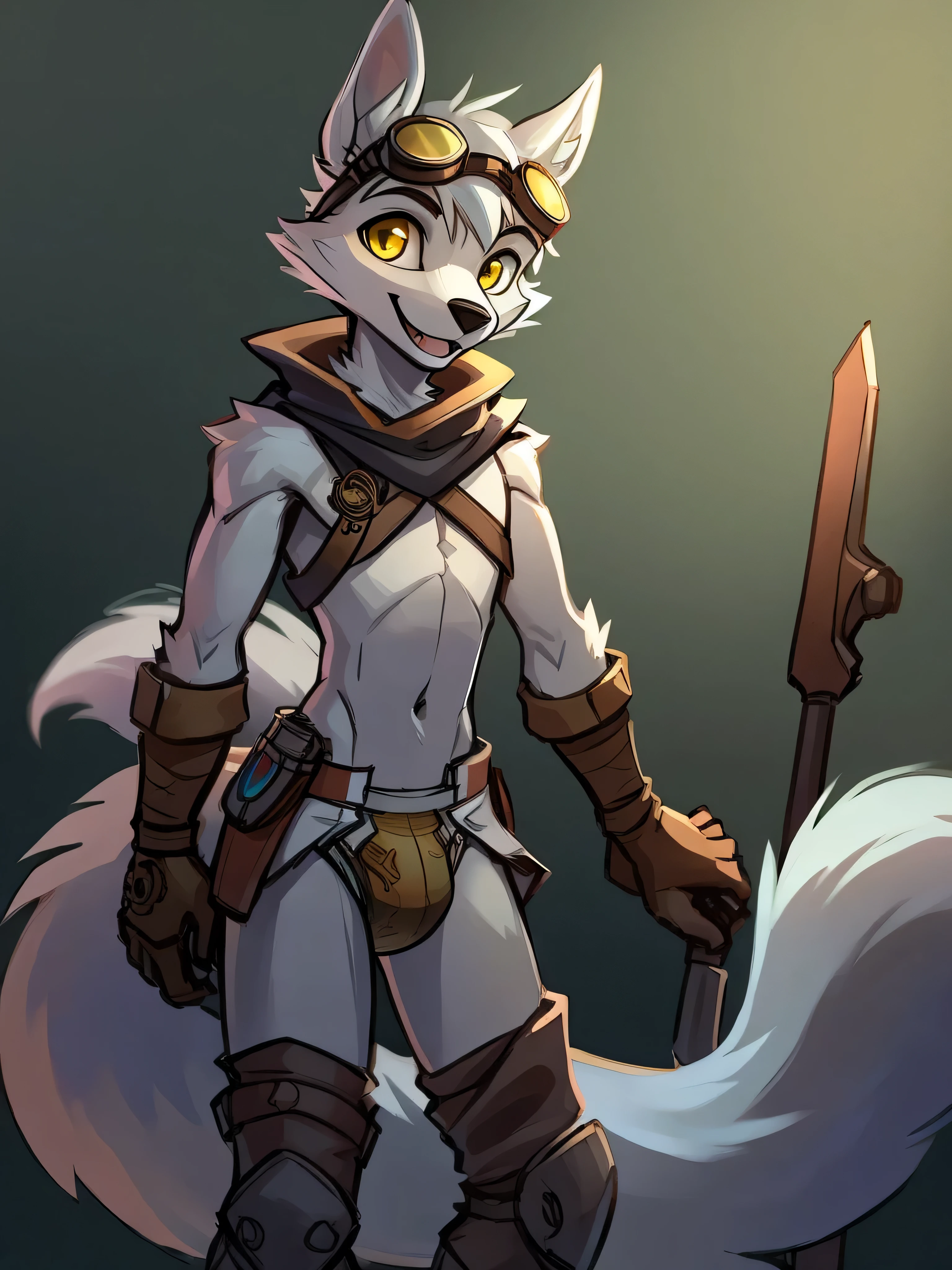 Male, arctic wolf, detailed yellow eyes, long tail, tinkerer, slim, sly, simple background, detailed plain diaper, tools, artificer, happy, goggles on head, steampunk
