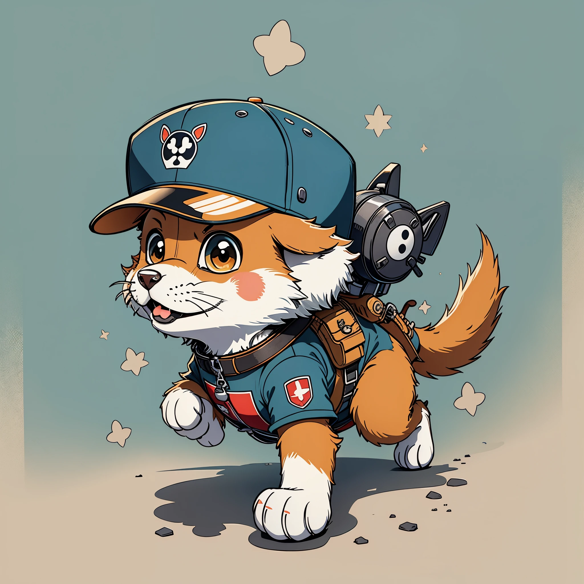 patrol dog：Archie（Chase）anime illustrations；hat，logo，work clothes；Paw Patrol Rescue Team(PAW)，air patrol；Flat illustration style，Flat anime style, cartoon minimalism, Flat vector art, flat illustration, cute cartoon。symmetry；Front view。