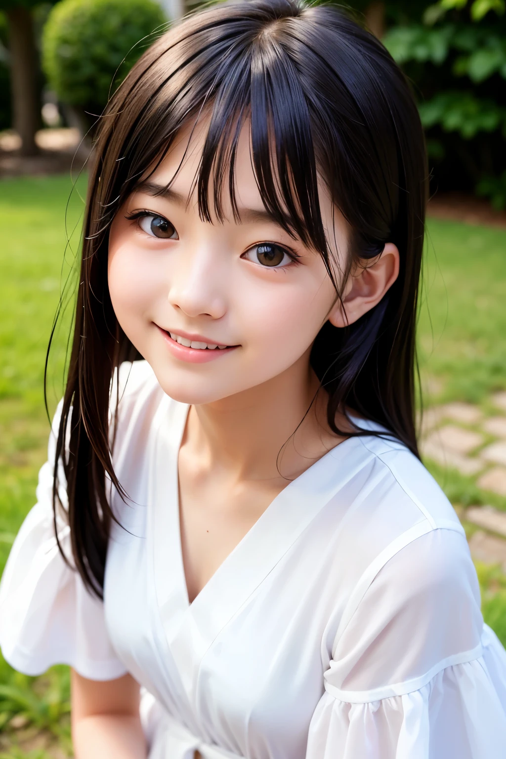 10 year old girl, teen, black hair, Japanese, (masterpiece:1.3)、1 person, Super detailed finish、(High resolution、8K:1.3)、(highest quality、Ultra-realistic as a photo:1.5)、sharp focus, 超High resolutionの顔、the face is in focus、Ultra high definition and beautiful eyes, very cute、very cute, smile、blush:1.3, embarrassing:1.3、stare at the camera:1.2, white dress, soft light