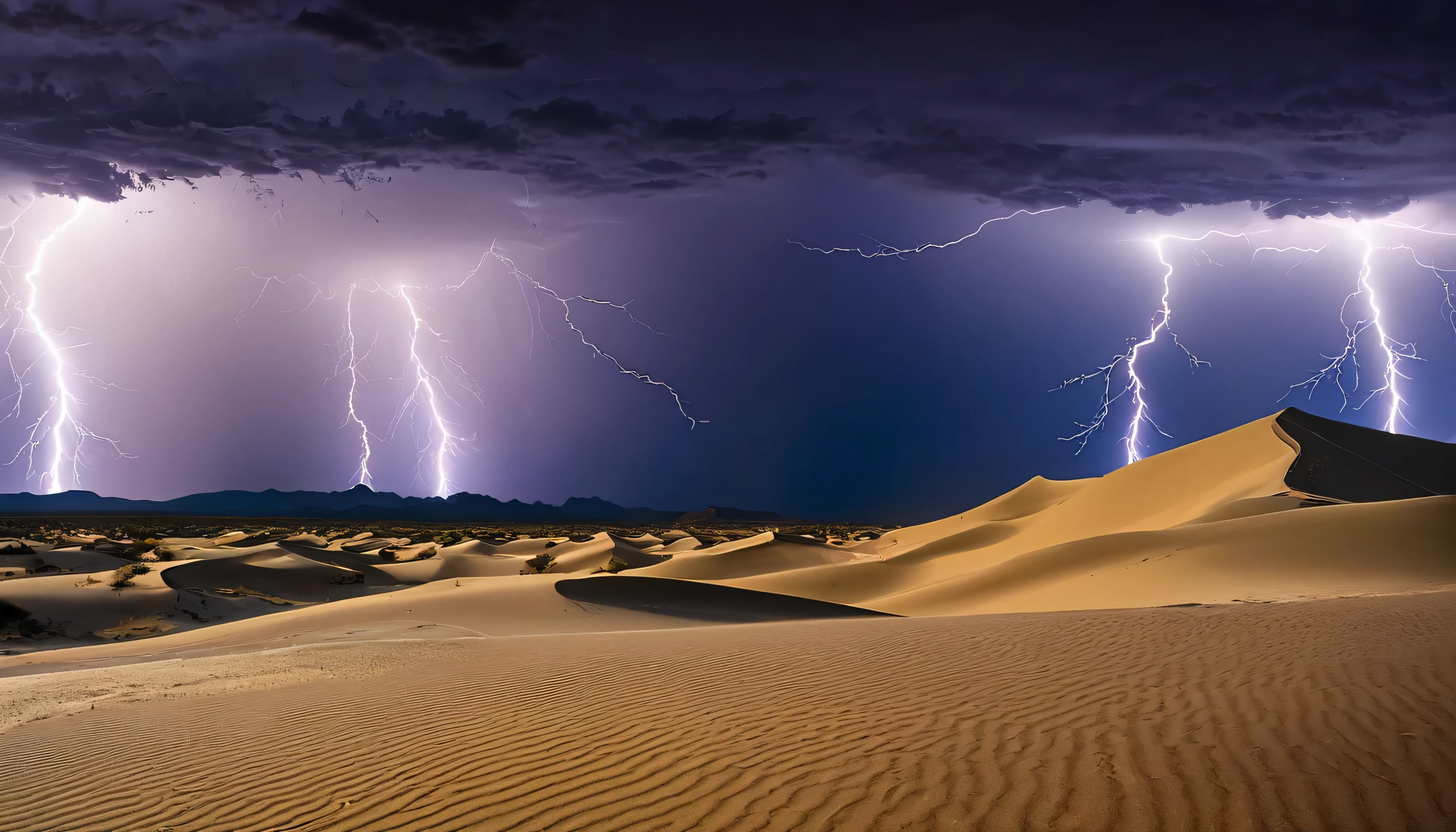 Visualize a night storm scene where powerful lightning bolts dance across the sky above towering sand dunes. The unique landscape of the desert is transformed under the night storm, with each lightning strike revealing the intricate patterns and shapes of the dunes. The sky is a dramatic canvas of dark clouds and electric flashes, with the occasional silhouette of a distant mountain range. The ground reflects the lightning’s glow, casting long shadows and highlighting the textures of the sand. This image captures the rare and astonishing beauty of a storm in one of the most unique landscapes on Earth.