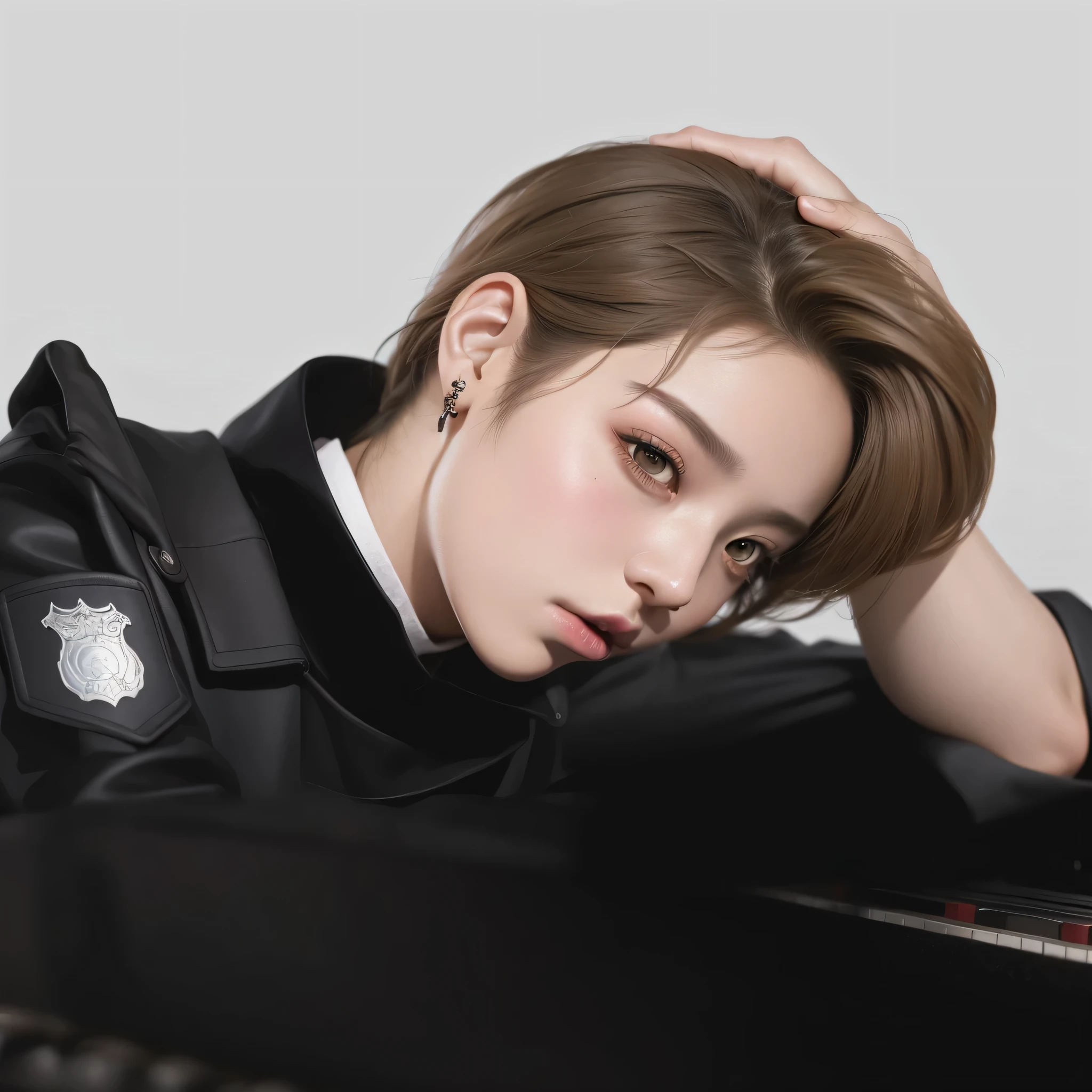 There is a man in a police uniform sitting at the piano, Retrato de Jossi de Blackpink, estilo de arte realista, inspirado en Yanjun Cheng, fanart de alta calidad, kpop idol portrait, realism artistic style, Retrato de ultra realista, Cai Xu Kun, parque jimin, inspirado en Gang Se-hwang, obra de arte al estilo de guweiz, estilo de arte anime realista
