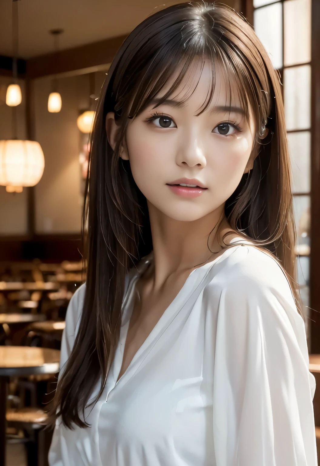 (((Cafe:1.3, indoor, Photographed from the front))), ((long hair:1.3, white blouse,japanese woman, cute)), (clean, natural makeup), (highest quality, masterpiece:1.3, 超High resolution), (Super detailed, caustics), (realistic:1.4, RAW shooting), very detailed, High resolution, 16K resolution
