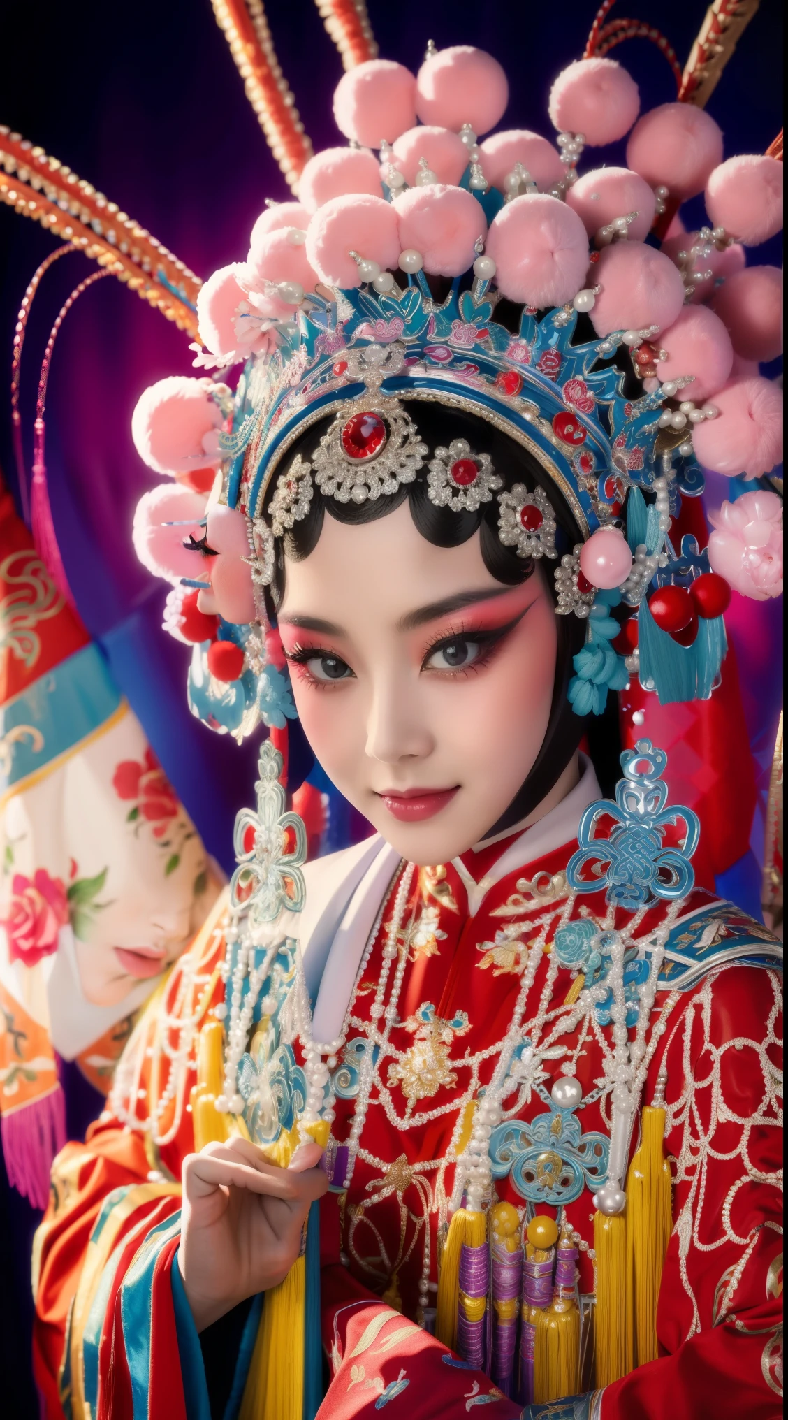 Masterpiece, Best quality, Masterpiece, Best quality, 1girll, beijing opera,tchibi，（tmasterpiece，top Quority，best qualtiy，offcial art，Beauty and aesthetics：1.2），（1girll：1.3），The is very detailed，（s fractal art：1.1），Most detailed，（ zentangle:1.2), full bodyesbian, (abstract backgrounds:1.3), (Shiny skin), (many color:1.4),