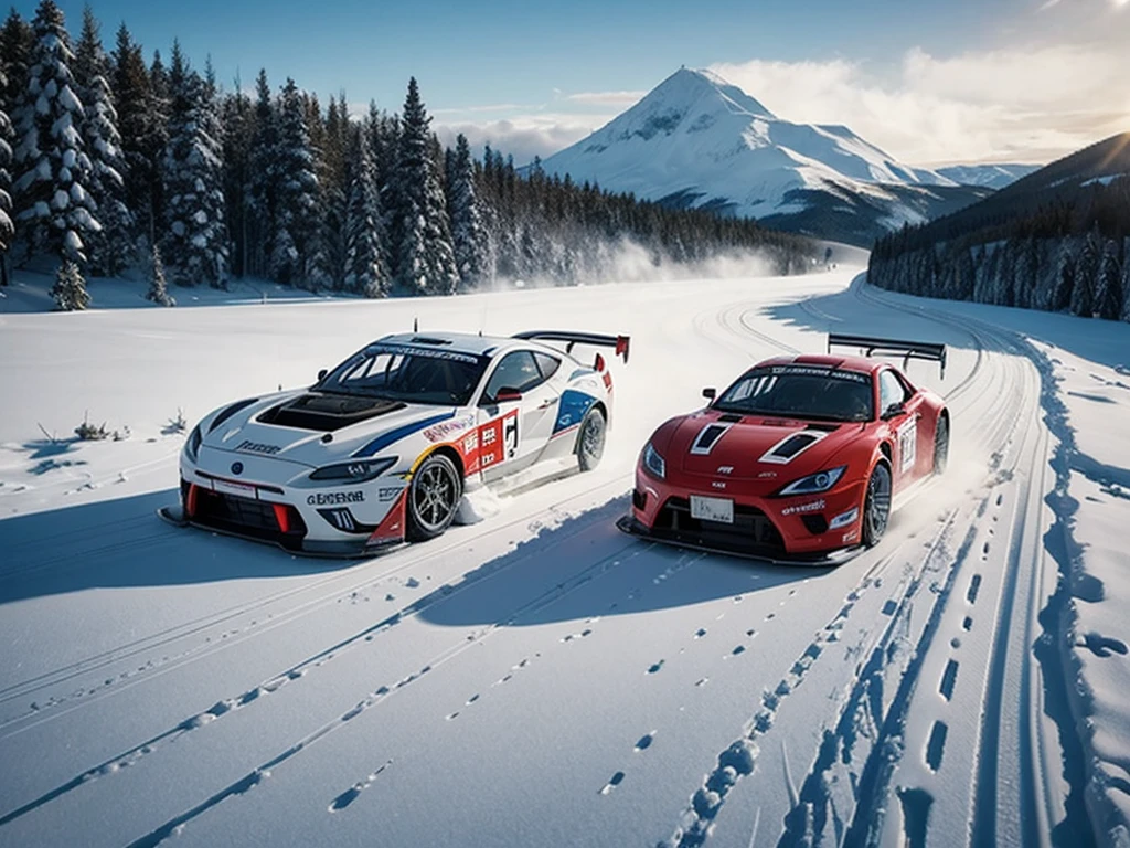 racing car, running through snowy mountain road, drift, 2 cars, snow smoke