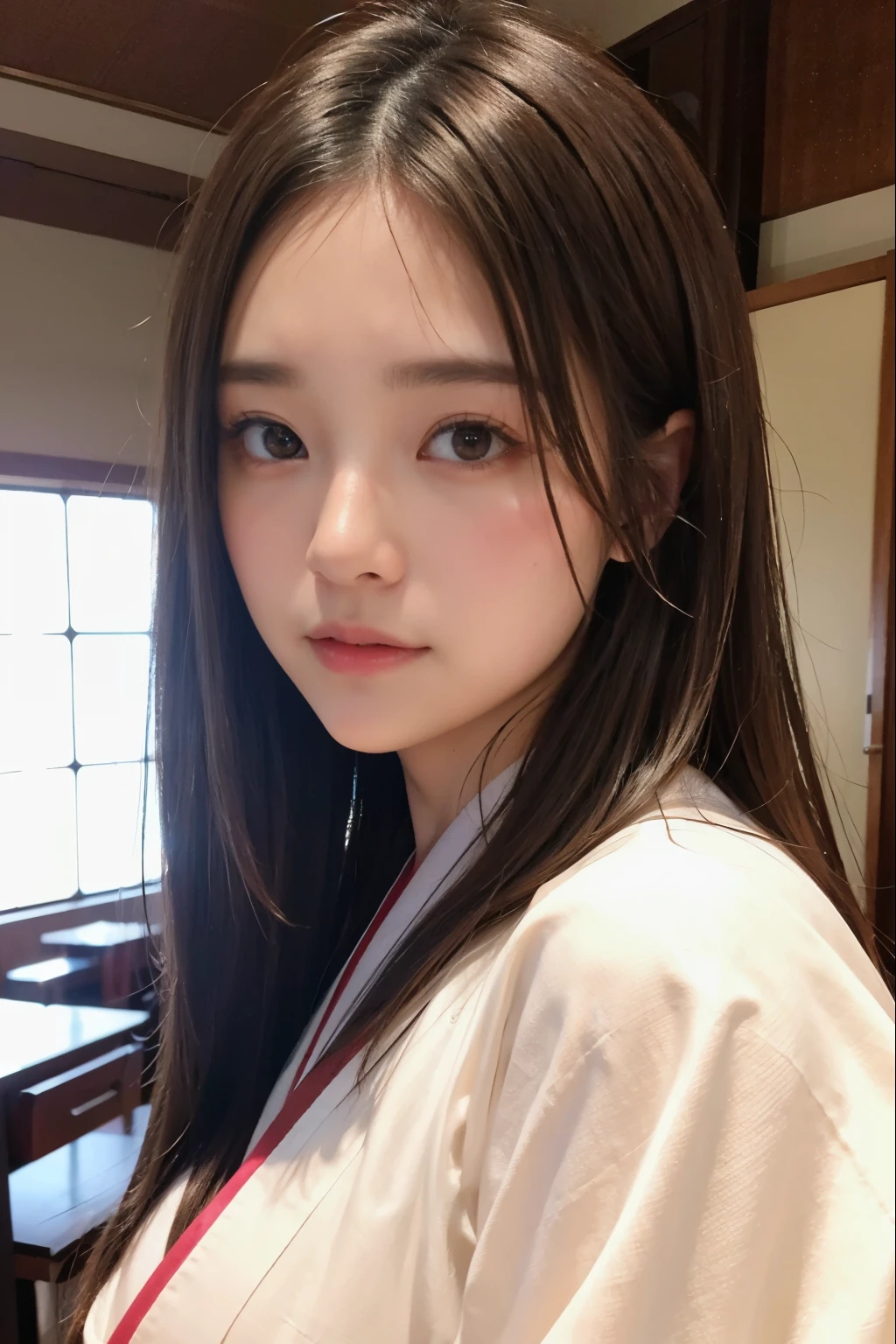 Random pose、top quality、ultra high resolution、(Realism:1.5)、1 girl、Gorgeous kimono、(brown hair:1.2)、Classroom、looking at the audience、close up、Whole BodyEsbian、nasty eyes