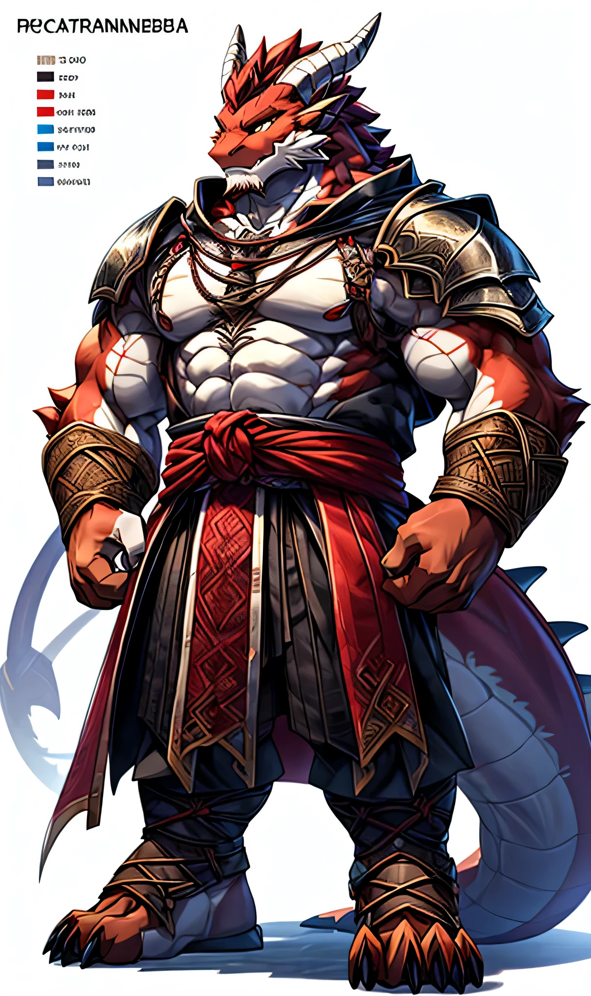 perfect anatomy, (ultra deTailed), sharp focus, Eye, amber Eye, hairy, light white fur, There are brownish-red hairs on the head, Brownish-red beard, human nature (dragon), male, middle aged, orange-red body, white belly, Tail, black right angle，brown-red eyebrows，Muscular and big, big man，bare breasts，knight clothing, red cherry long cloak, character design sheet，ultra deTailed face, depth of field, motion blur, high deTails, high quality, Award-winning, HD, 16K, (best quality,4K,8K,High resolution,masterpiece:1.2),ultra-deTailed,actual:1.37,HDR,UHD,studio lighting,extreme deTail description,professional,bright colors, ((masterpiece)), (((best quality))),(character design sheet, same characters, front, side, Back), illustration, environmental change scenarios, Chatongbetalora, (simple Background, white Background: 1.3) information，character design sheet，背面front侧面描绘