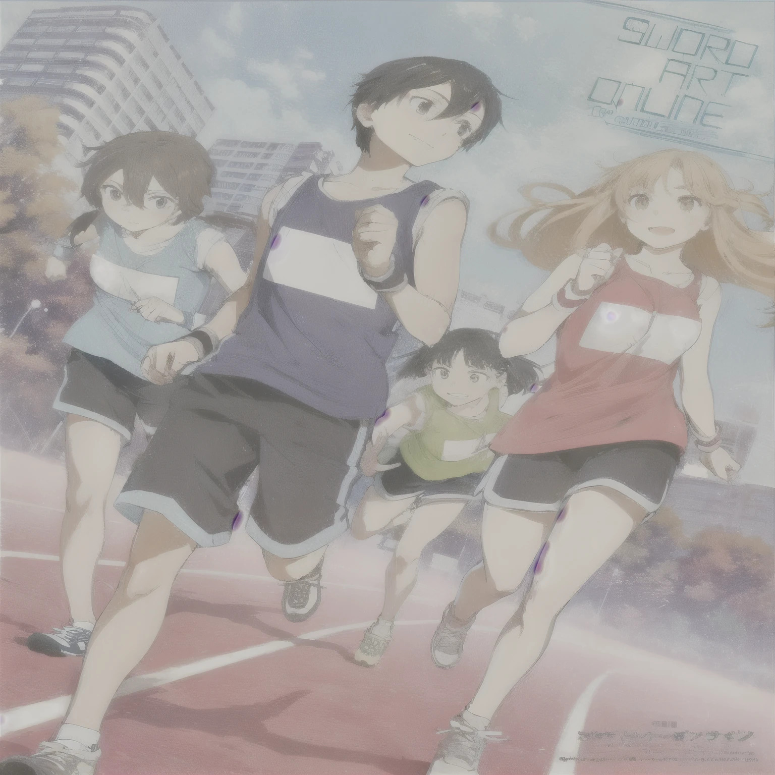 ((Girl in dark blue school swimsuit)),teenager,Smile,(Boy in sportswear),hand in hand,walk,go to school,[Japanese scenes] --auto--s2
