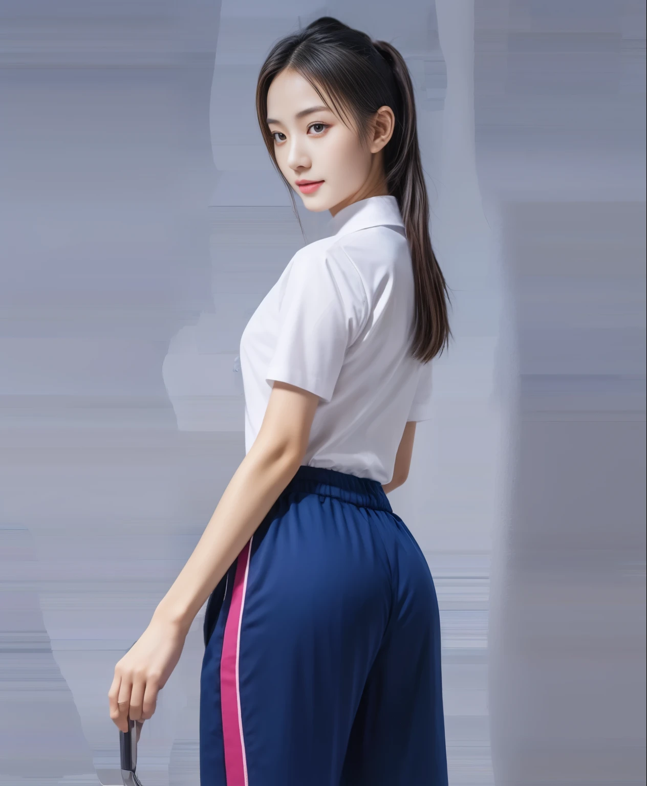 (best quality,10,10,height,Masterpiece:1.2),Special details,(realistic,ภาพrealistic,Realistic photos:1.37),1 Cute girl in the kitchen,shiny, ผิวshiny,only,smile softly,BDclothelue shirt:1.3)),short sleeve,shirt, กางเกงขาlong.,(navy_long_track pants:1.1), ((Kitchen Background)),Dynamic angle,excited,Face focus,dynamic poses,from behind,focus on ass,Masterpiece, best quality, ultra realistic, Too many details, 8k resolution, raw photos, Sharp focus, ((Navy blue shirt:1.1)), short sleeve, เส้นทางlong, perfect body, 2 mature women, 18 years old, Cinema-grade lighting system,blue sweatpants,shirtผ้าออกกำลังกาย,correct anatomy,perfect body, correct body, Sharp face, correct bodyทางกายวิภาค, full body, realistic gestures, long-haired, realistic poses,Wear long shorts...........................,ช่วงขาlong,Good shape,carved girl, Slender figure, model, Good shape, beautiful body,blue sweatpants, two girls kissing