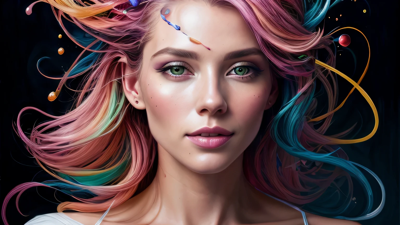 Mulher bonita e colorida: mulher de 35 anos, Messy hair, oil painting, beautiful and rosto perfeito with soft skin, rosto perfeito, cores verdes rosa, Clear and violet magnet additions, light red additions, Doutor, wearing lab coat or Doutor suit holding in lap intricate details splash screen 8k resolution masterwork cute face photorealistic digital painting artstation smooth flowing black ink: Photorealistic masterpiece in 8k resolution: fluido de pintura em guache intrinsecamente detalhado: by John Baptist Mongue: caligrafia: acrylic: Arte em aquarela, fotografia profissional, natural lighting, volumetric lighting maximalist photo illustration: por Marton Bobzert: , complex, elegante, expansivo, Fantastic