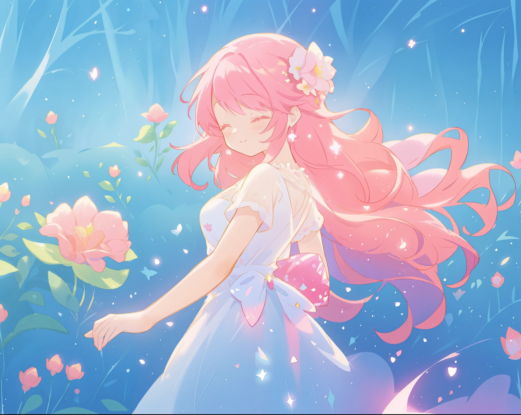 beautiful girl in sparkling flowing dress, long flowing pink hair, colorful fantasia background, watercolor illustration, disney art style, glowing aura around her, glowing lights, beautiful digital illustration, fantasia otherworldly landscape plants flowers, beautiful, masterpiece, best quality, anime disney style