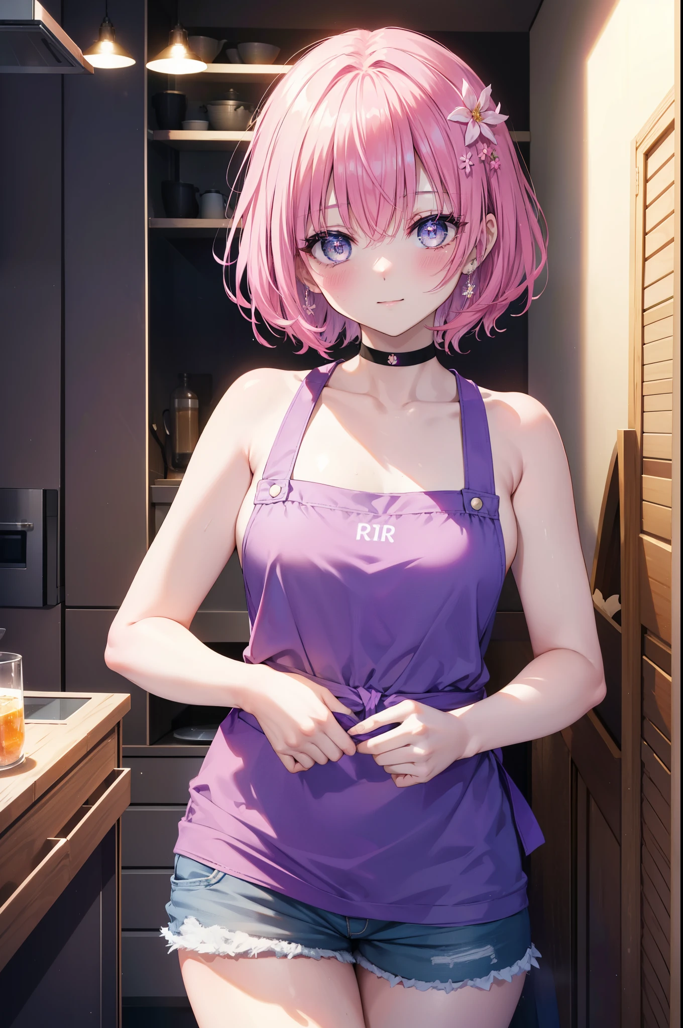 Momodeviluke, Deviluke type, demon tail, hair flower, hair ornaments, (purple eyes:1.1),smile,blush,happy atmosphere,open your mouth, pink hair, short hair, tail, smile,Tank top,naked neck,shorts,apron,barefoot,cook in the kitchen、フライパンでパスタを調理する
break indoors, kitchen,
break looking at viewer, (cowboy shot:1.5),
break (masterpiece:1.2), highest quality, High resolution, unity 8k wallpaper, (figure:0.8), (beautiful detailed eyes:1.6), extremely detailed face, perfect lighting, extremely detailed CG, (perfect hands, perfect anatomy),