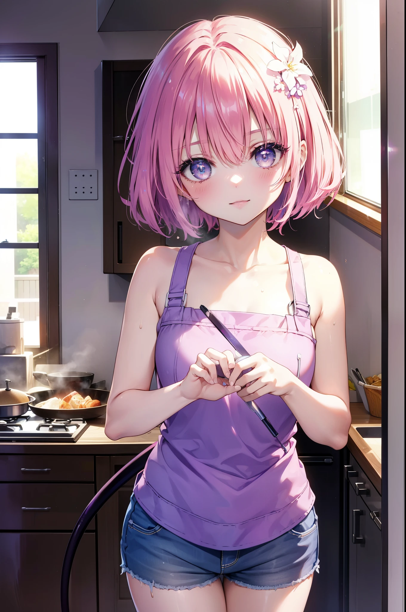 Momodeviluke, Deviluke type, demon tail, hair flower, hair ornaments, (purple eyes:1.1),smile,blush,happy atmosphere,open your mouth, pink hair, short hair, tail, smile,tank top shirt,naked neck,shorts,apron,barefoot,cook in the kitchen、フライパンでパスタを調理する
break indoors, kitchen,
break looking at viewer, (cowboy shot:1.5),
break (masterpiece:1.2), highest quality, High resolution, unity 8k wallpaper, (figure:0.8), (beautiful detailed eyes:1.6), extremely detailed face, perfect lighting, extremely detailed CG, (perfect hands, perfect anatomy),