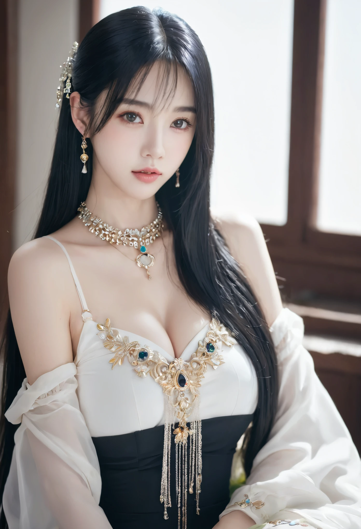 black hair, 1 girl, pretty face, beautiful eyes,long_hair, alone, jewelry, Art, Chinese, rest, 
