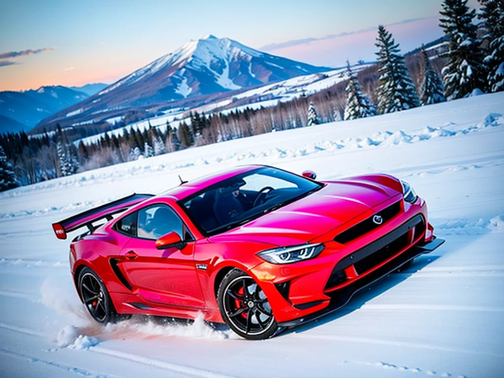 racing car, running through snowy mountain road, drift, 2 cars, snow smoke