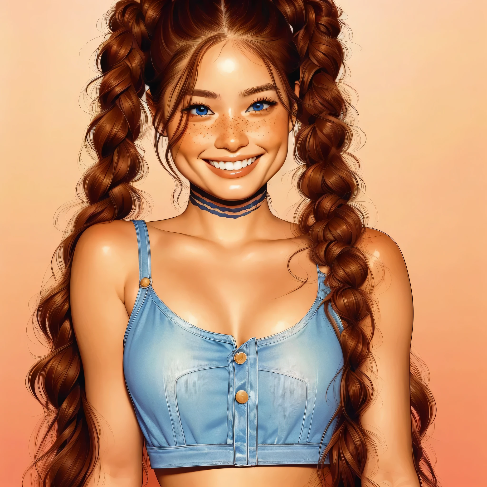 1girl, solo, masterpiece, best quality, finely detailed beautiful eyes, blue eyes, long hair, auburn hair, wavy hair, pigtails, crop top, girly aesthetic, tan skin, subtle freckles, beautiful, smiling, dimples, cute art style, cute detailed digital art, beautiful digital illustration, highly detailed character design, light eyelashes