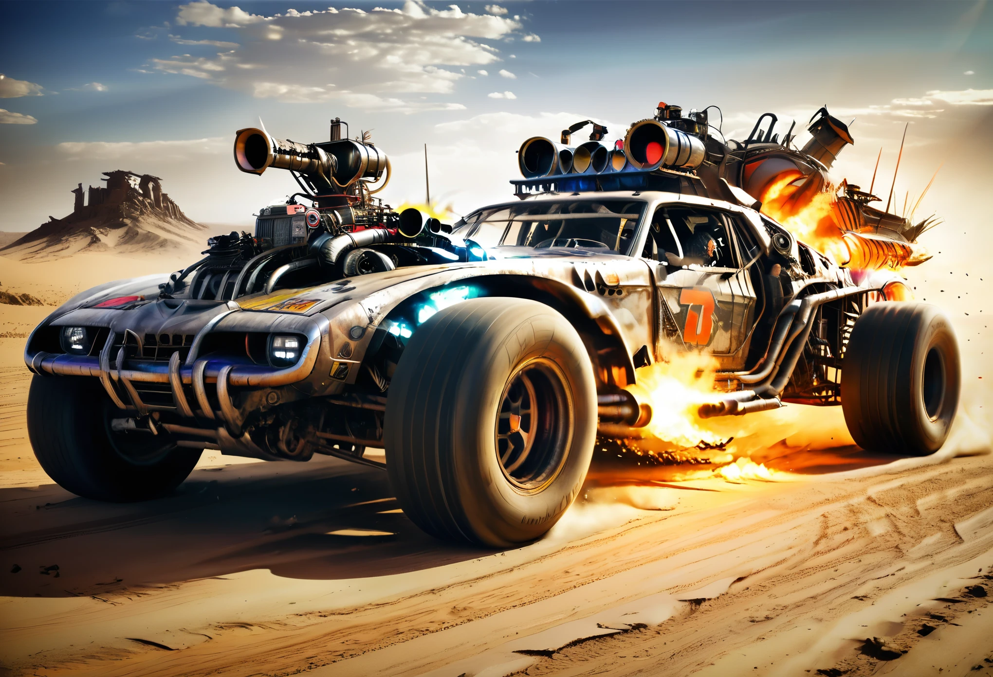 Racing Car:1.5, ((several cars racing mad max style, in the desert, among rubble, punk people watching the race on the sides of the road:1.5)), ((perfect, Meticulously detailed, movie-like impeccable, like cinematographic scene: 1.5), ((Masterpiece)), (Hyper-detailed: 1.3), (Photorealistic: 1.4), epic, at night: 1.3, darkness: 1.3, long shot: 1.3, light from the explosions illuminate the cars , 32k.