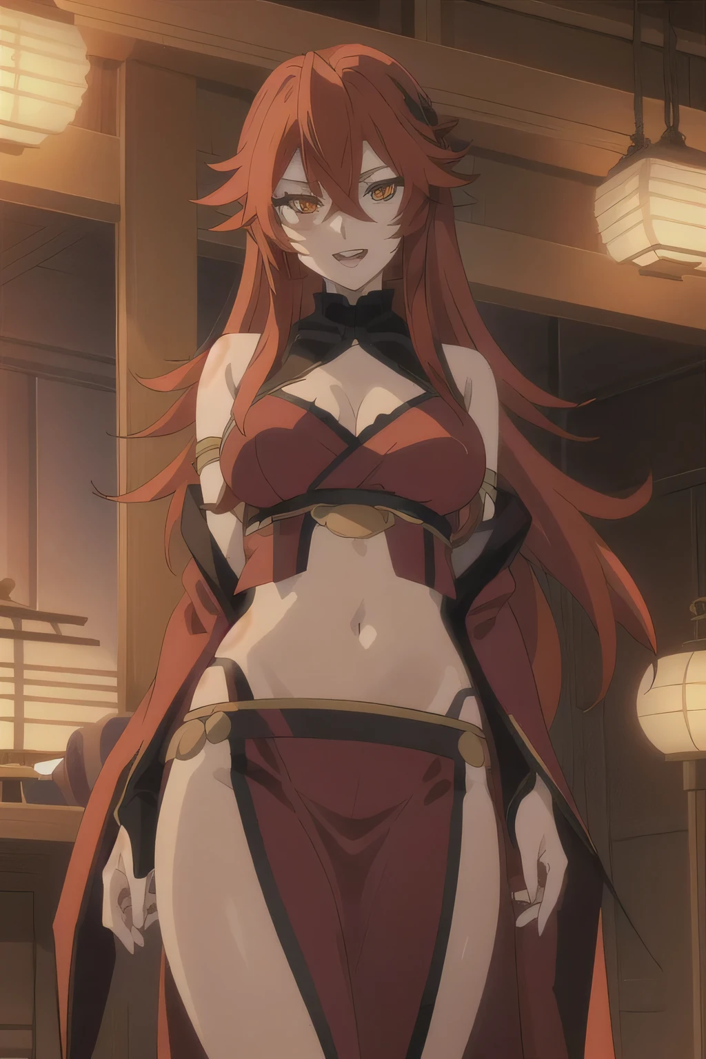 mature female, detailed, masterpiece, HDR, detailed sharp, best quality, highres, 1girl, solo,
long_hair, orange_eyes,
makeup, thick lips, lipstick, eyeshadow,
masterpiece, best quality, highly detailed, a anime girls in kimono dress with a sword posing for a
picture, bare shoulder,open kimono, evil smile, open mouth, crop top , (nsfw) not safe for work, smile,
ecchi anime style, anime girls, ecchi style, ecchi, digital anime art!!, in anime style, official artwork, visual
novel cg, beautiful anime girl, anime style 4 k, kimono pencil skirt, exposed belly, exposed navel,
exposed midriff, exposed lower belly, outdoor, japanese architecture, temple