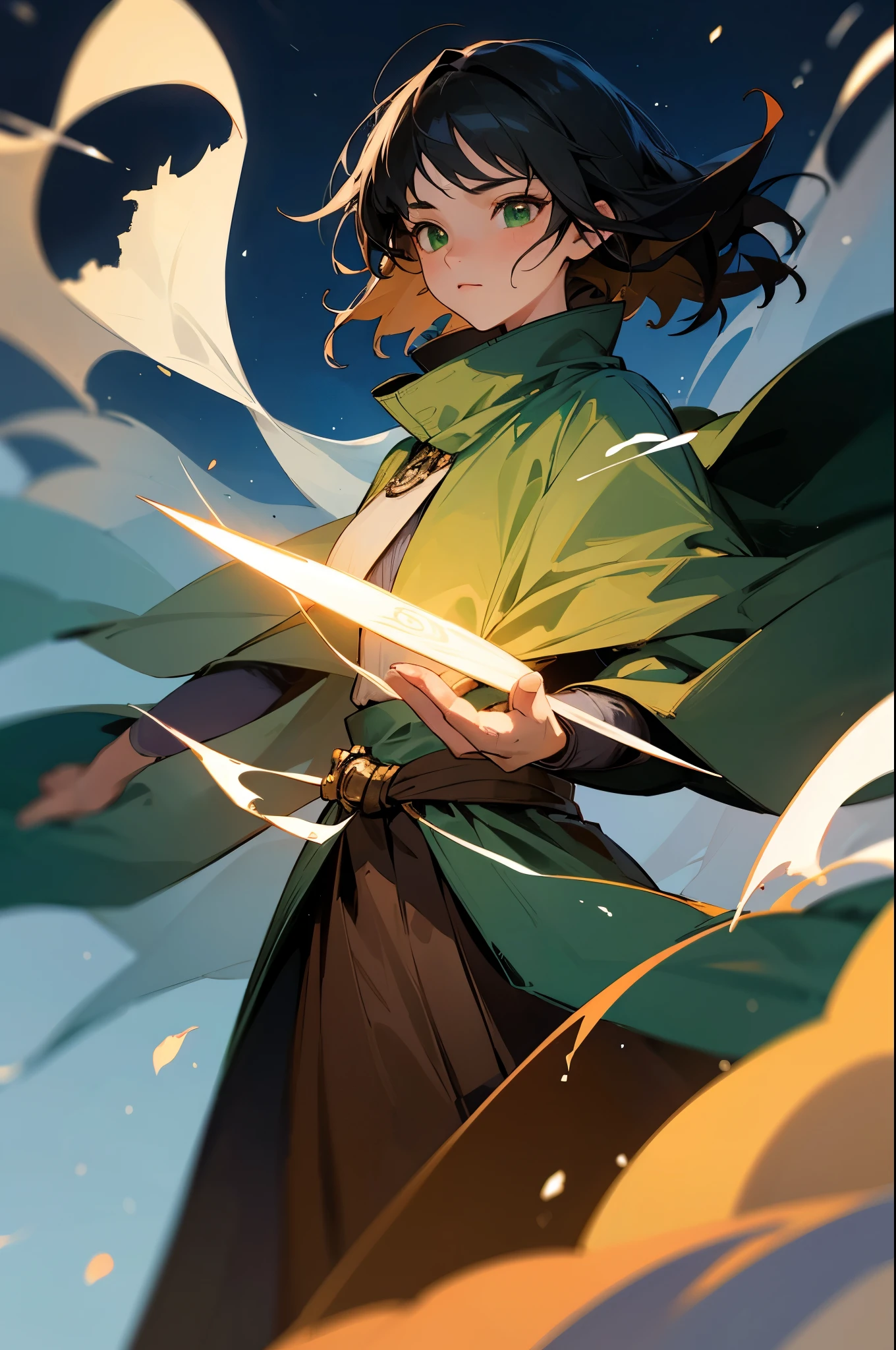 Best quality, masterpiece, ultra high resolution, night sky background, realistic, hadesstyle, retracted from a 16 year old fire mage on the battlefield, short dark hair, green eyes, gray mage tunic, cape, depth of field