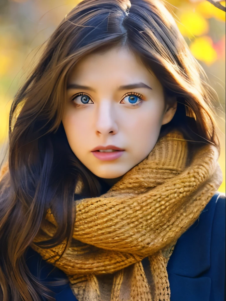 (masterpiece), highest quality, Super detailed, figure, warm lighting, soft lighting, bright colors, 1 girl, alone,( beautiful girl, long hair, blue eyes, ribbon, brown hair, hair between eyes, hair ribbon, side lock, very long hair, messy hair,) , autumn, many maple trees, maple leaf, golden leaves, autumn leaves, dried leaves, river,  refreshing air,  peace, cool breeze , sweater weather,( Please wear a white or brown sweater, red scarf, moody fall, 物sad, melancholy, sad ,Worried, longing,)