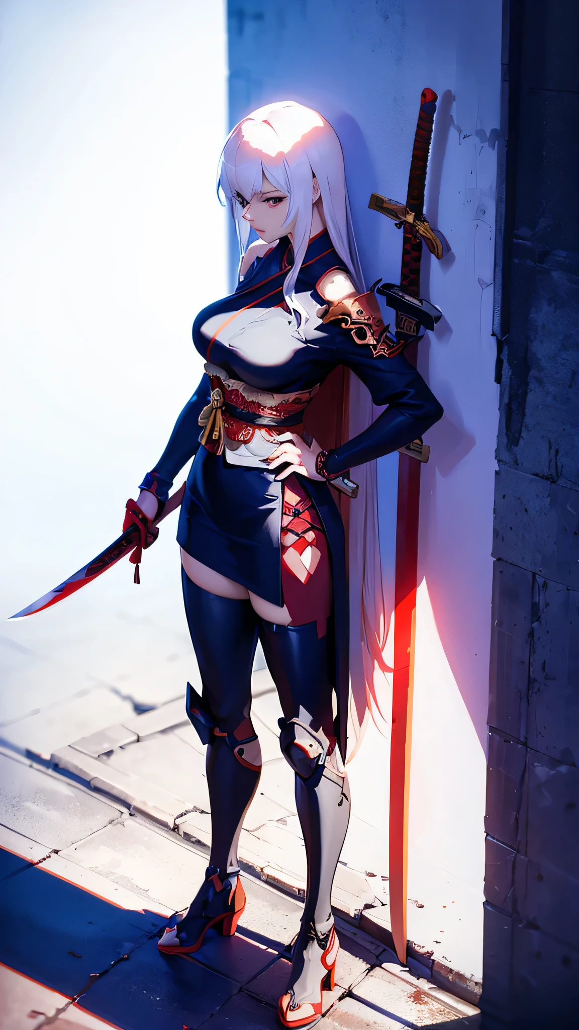 a woman kneeling down with a sword in her hand,very beautiful cyberpunk samurai,she is holding a katana sword,unsheathing her katana,she is holding a sword,ornate korean polearm behind her, realistic anime 3D style, cgsociety 9,2.5D cgi anime fantasy artwork, 3 d anime realistic.pose beautiful.redAssassin.Standing and sitting with his hands on his knees, Carry the sword on your shoulder.(Stand with your arms crossed over your chest, your back against the wall).hair white.
