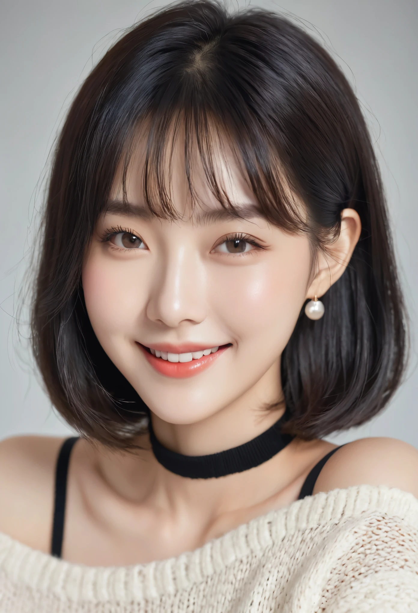 top quality, masterpiece, ultra high resolution, lifelike, 1 girl, Off the shoulders, knitting, Smile, Smile, slightly visible, extra large_sweater, soft light, Delicate skin, Bangs, black hair, clear eyes, bob short hair, transparency, Japan, Korean, beautiful woman, Upper eyes, lip gloss, Black thick choker, teardrop, There is a mole on the chest, Highlights