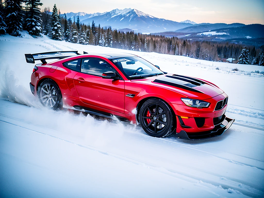 racing car, running through snowy mountain road, drift, 2 cars, snow smoke, female driver