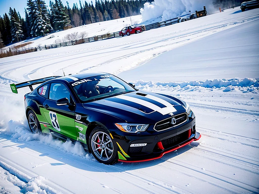 racing car, running through snowy mountain road, drift, 2 cars, snow smoke, female driver