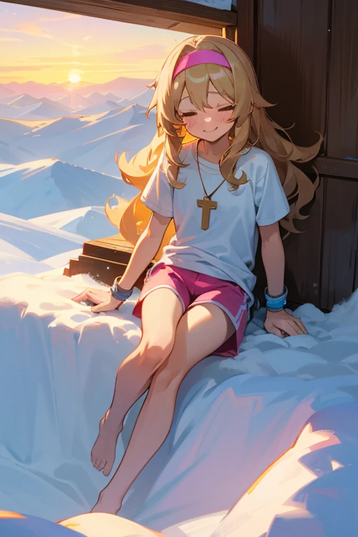 a cute 6 year old christian church girl named Zachary, brownish blonde hair, hairband, skinny, long wavy hair, in the arctic, wintertime, playing in the snow, short sleeved white sport jersey tshirt, pink shorts, cross necklace, playing in the snow, sunset, slight smile, wristbands, barefoot , winking, hand details, feet details, at the summit of a mountain, sitting and enjoying the view