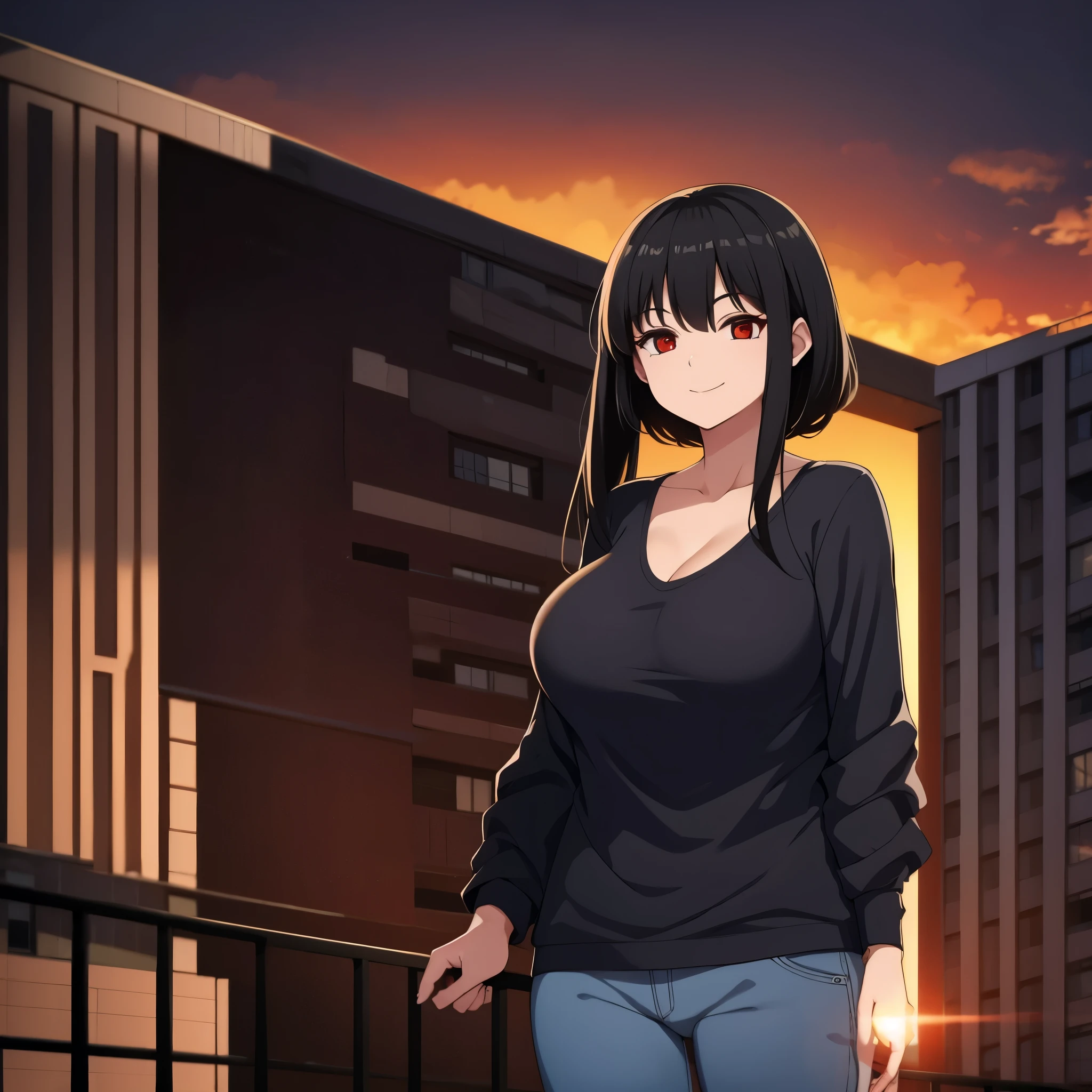 a woman with casual clothes, black hair, red eyes smiling, in a city, sunset, big breasts.
