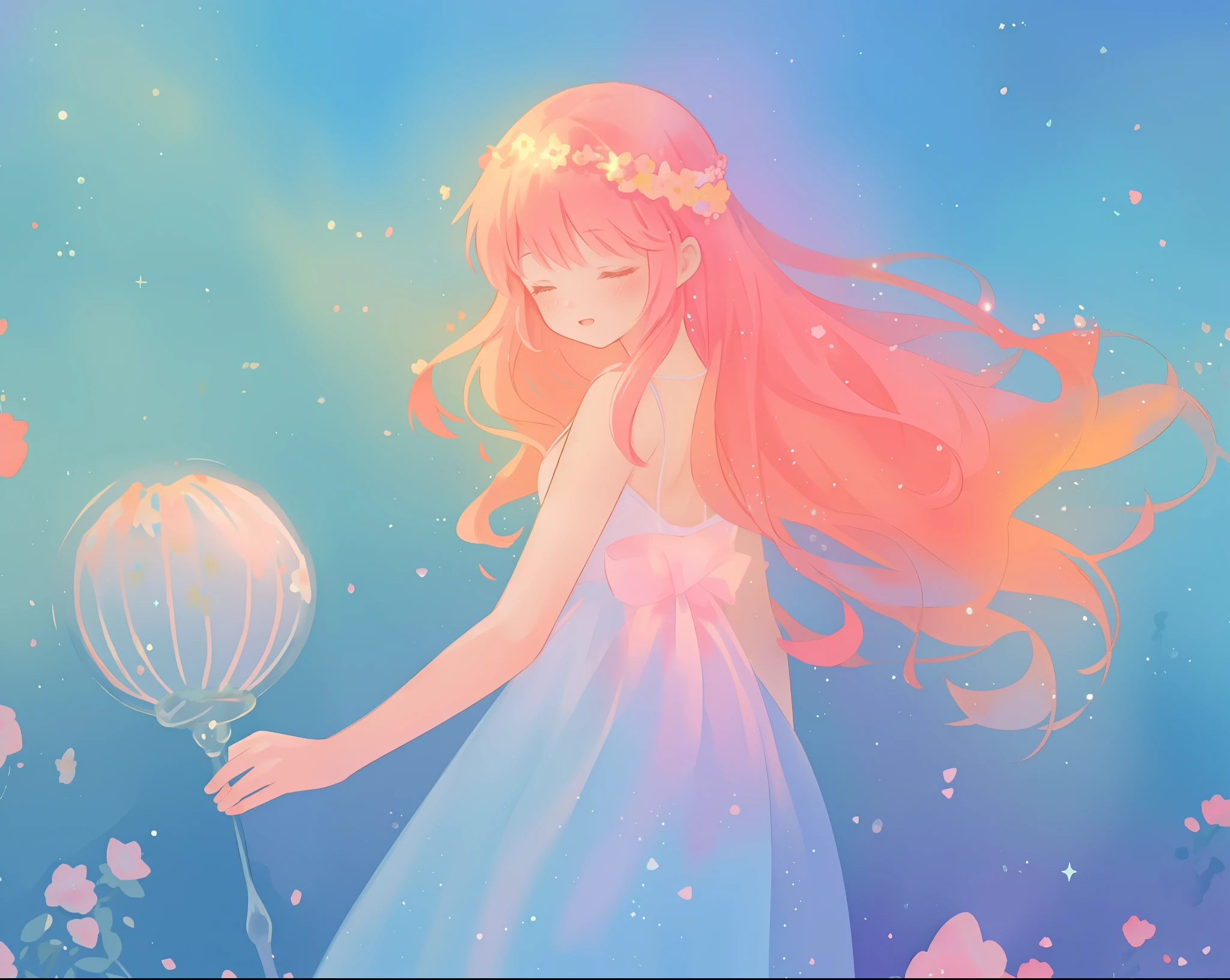 beautiful girl in sparkling flowing dress, long flowing pink hair, colorful fantasia background, watercolor illustration, disney art style, glowing aura around her, glowing lights, beautiful digital illustration, fantasia otherworldly landscape plants flowers, beautiful, masterpiece, best quality, anime disney style