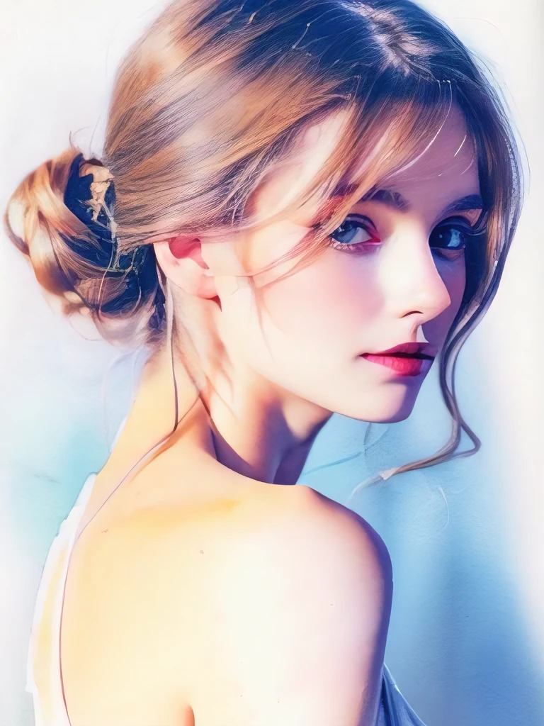 (8K, highest quality, masterpiece:1.2),(highest quality:1.0), (ultra high resolution:1.0), watercolor, Beautiful woman, shoulder, hair ribbon, Written by Agnes Cecil, half body portrait, very bright and bright design, pastel colour, (ink:1.3), autumn lights,