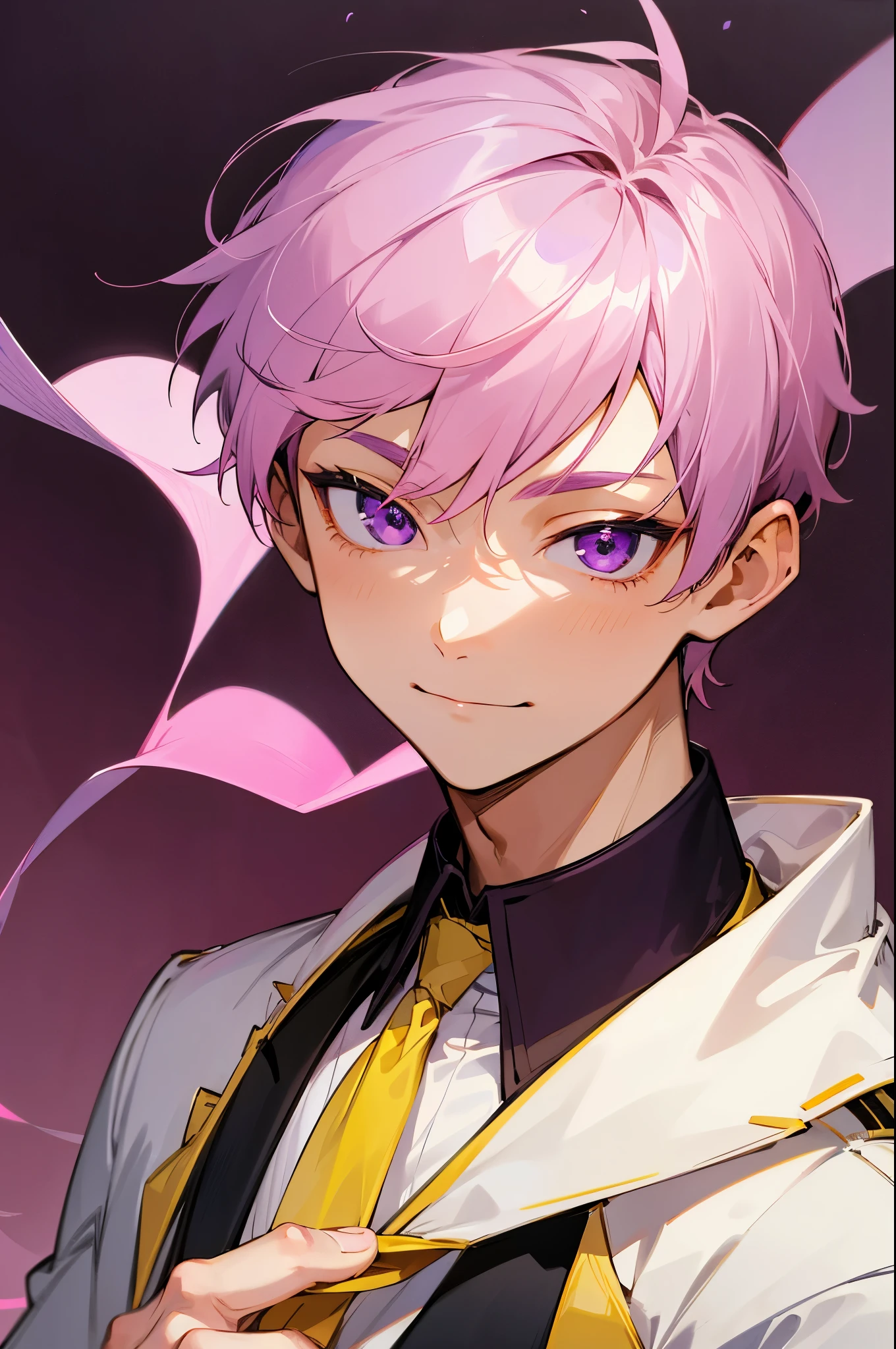 hight resolution, absurderes, Kohakue, Solo, Looking at Viewer, Smile, Short hair, 1boy, Closed mouth, Purple eyes, Pink hair, Male Focus, Ring, Young boy, Portrait, White prince's uniform, Yellow necktie