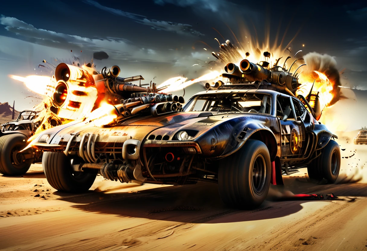 Racing Car:1.5, camera view chopped:1.4, GPG:1.4,((several cars running mad max style races, in the desert, among rubble, punk people watching the race on the sides of the road:1.5)), ( (perfect, Meticulously detailed, flawless film, as cinematic scene: 1.5), ((Masterpiece)), (Hyper-detailed: 1.3), (Photorealistic: 1.4), epic, night: 1.3, darkness: 1.3, light explosions illuminate cars, 32k.