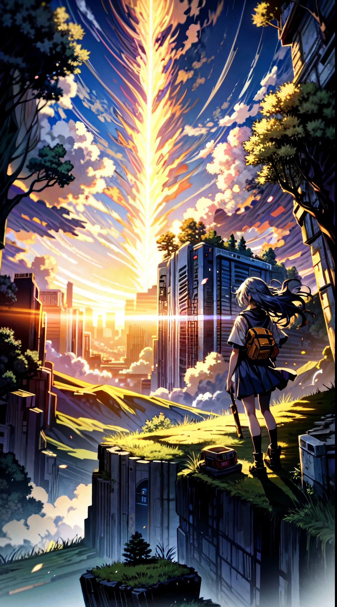 girl, standing on top of a hill, hair flying, enchanted valley surrounded by ancient forests, standing and looking out over the landscape, radiant light that emerges from an ancient ruin, light rises to the heavens, makoto shinkai cyril rolando, atey ghailan 8 k, emotional concept art, guweiz and makoto shinkai, anime art wallpaper 8 k, $realistic$