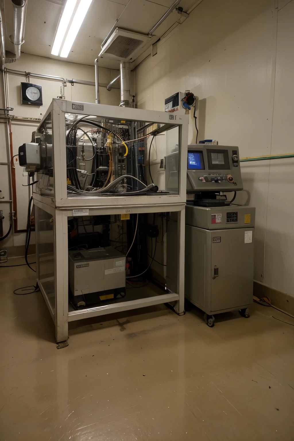 ((Mejor calidad)), ((obra maestra)), (detallado), plc automation room, se ve vieja y deteriorada por el paso del tiempo, con poca luz, se ve escalofriante.