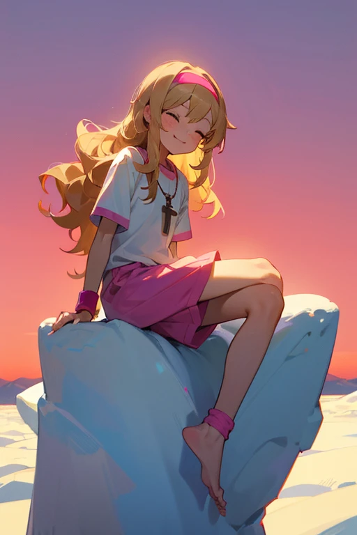 a cute 6  christian church girl named Zachary, brownish blonde hair, hairband, skinny, long wavy hair, in the arctic, wintertime, playing in the snow, short sleeved white sport jersey tshirt, pink number on front, pink shorts, cross necklace, playing in the snow, sunset, slight smile, wristbands, barefoot , winking, hand details, feet details, at the summit of a mountain, sitting and enjoying the view