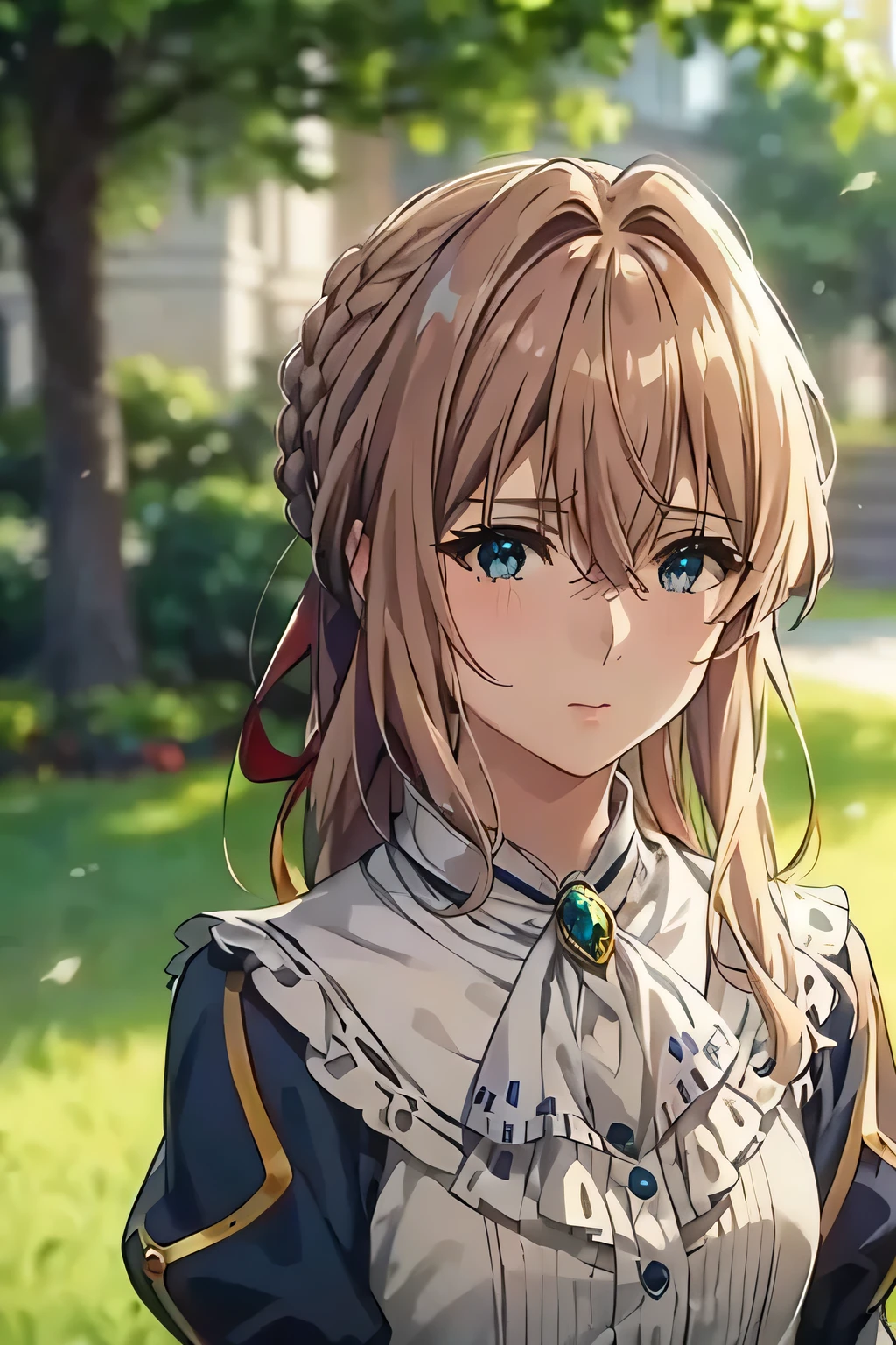 master piece, best quality, ultra high resolution, highest quality, anime style, best writing, beautiful face, violet evergarden,table top, highest quality, 1 girl, alone, blonde hair, blue eyes, hair between eyes, looking at the viewer, ribbon, red ribbon, Braid, hair ribbon, Jacket, blue jacket, jewelry, bangs, outdoor, brooch, hair intake, anime coloring book, Ascot, blurry background, blurry, White Ascot, wood, closed mouth, portrait, Day Grastry Detailed CG, ( perfect anatomy),Life、Highly detailed CG, ( perfect anatomy),Life feeling