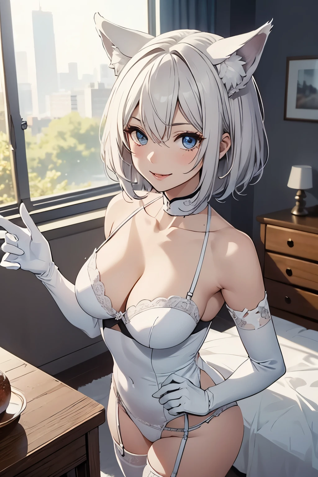 table top High level image quality best image quality 8K adult woman portrait white long gloves white stockings lingerie((Tube top)blanche)) wolf ears short hair((shortcut)(gray hair)(perm)(fluffy)) eye color is blue smile(lure) background(Bedroom) standing position