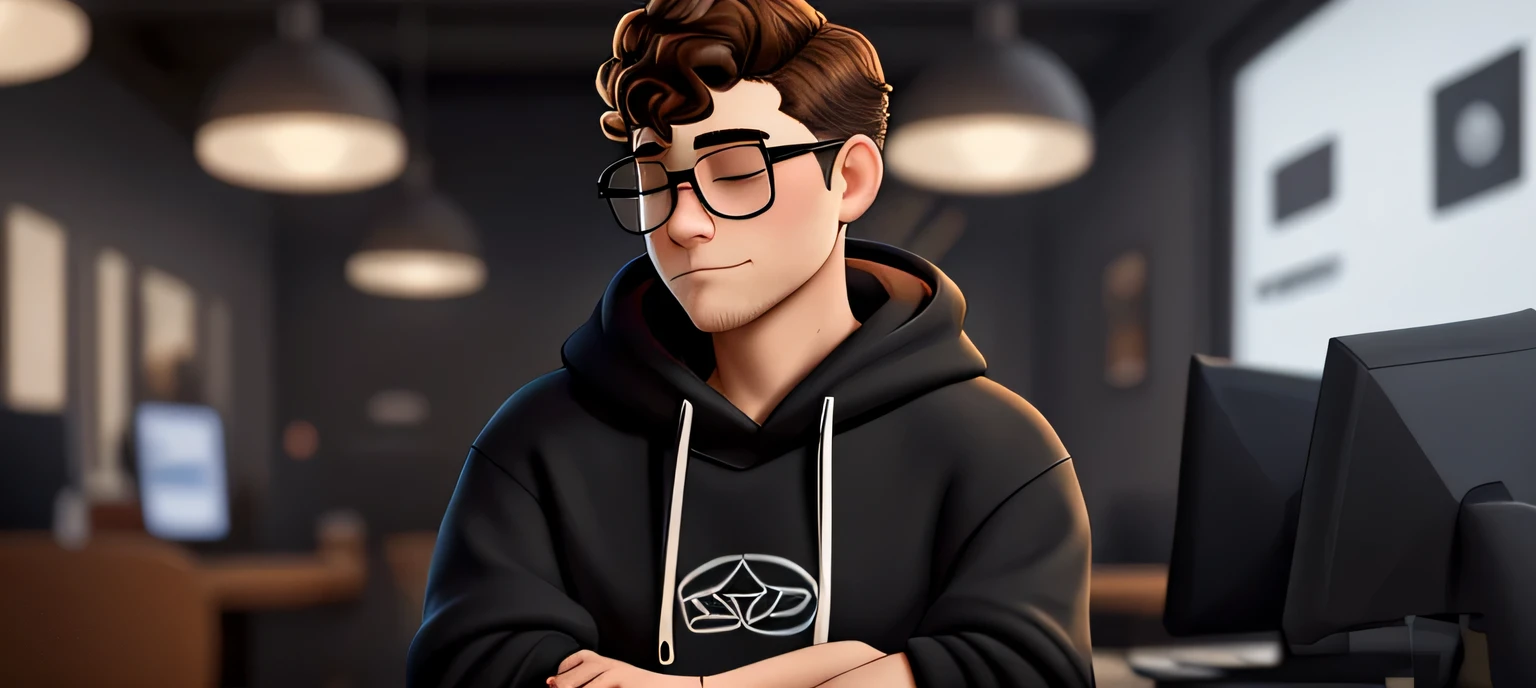 25 years old guy wearing black hoodie and rounded circular glasses, with short curly brown hair, diamond face, closed mouth, closed eyes, smirking, thick neck.