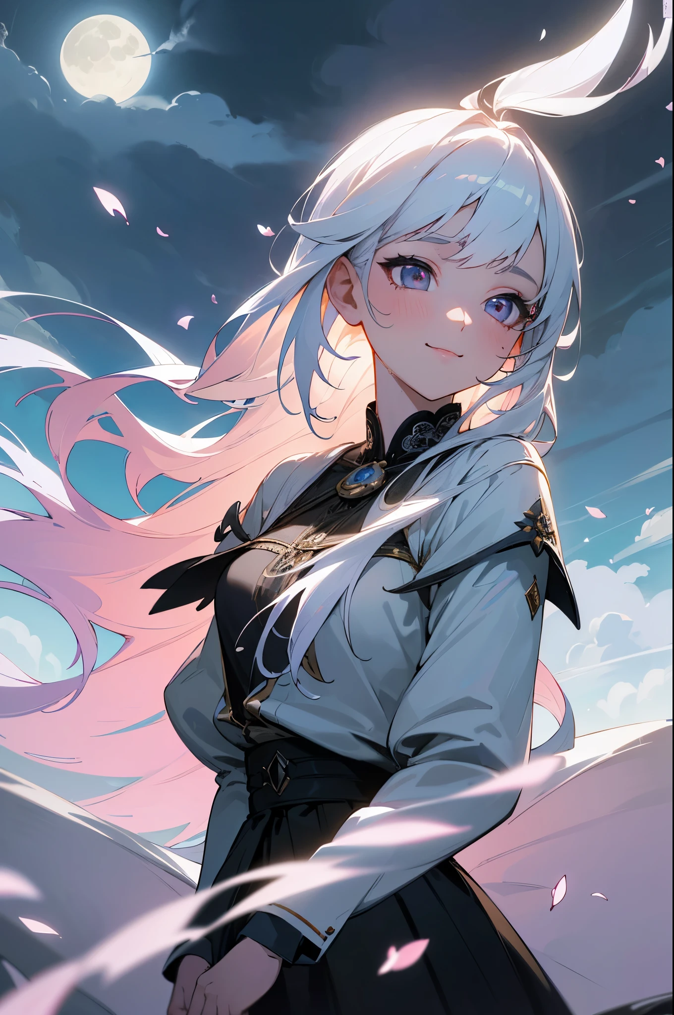 masterpiece, best quality, 1girl, (colorful),(finely detailed beautiful eyes and detailed face),cinematic lighting,bust shot,extremely detailed CG unity 8k wallpaper,white hair,solo,smile,intricate skirt,((flying petal)),(Flowery meadow) sky, cloudy_sky, building, moonlight, moon, night, (dark theme:1.3), light, fantasy,
