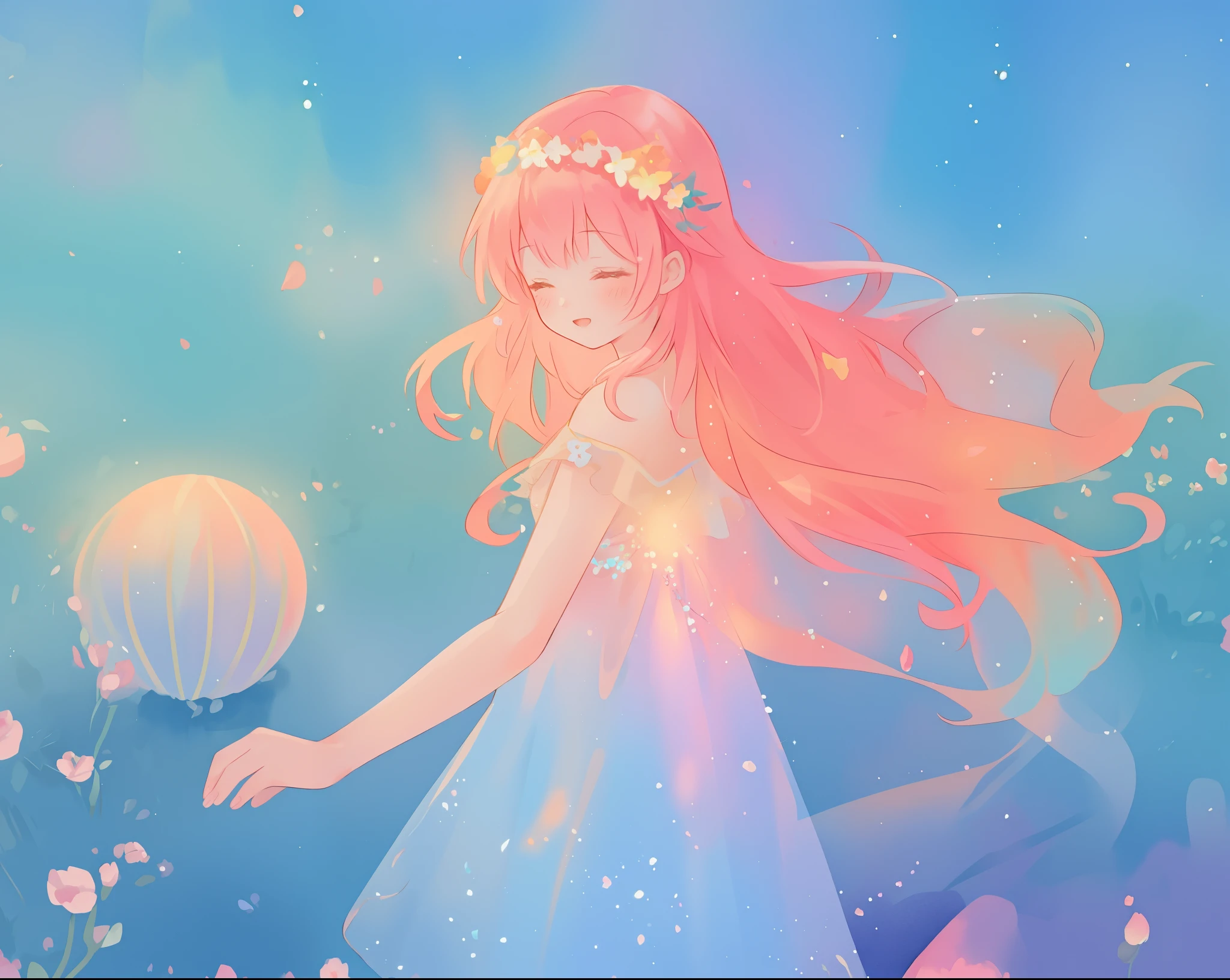 beautiful girl in sparkling flowing dress, long flowing pink hair, colorful fantasia background, watercolor illustration, disney art style, glowing aura around her, glowing lights, beautiful digital illustration, fantasia otherworldly landscape plants flowers, beautiful, masterpiece, best quality, anime disney style