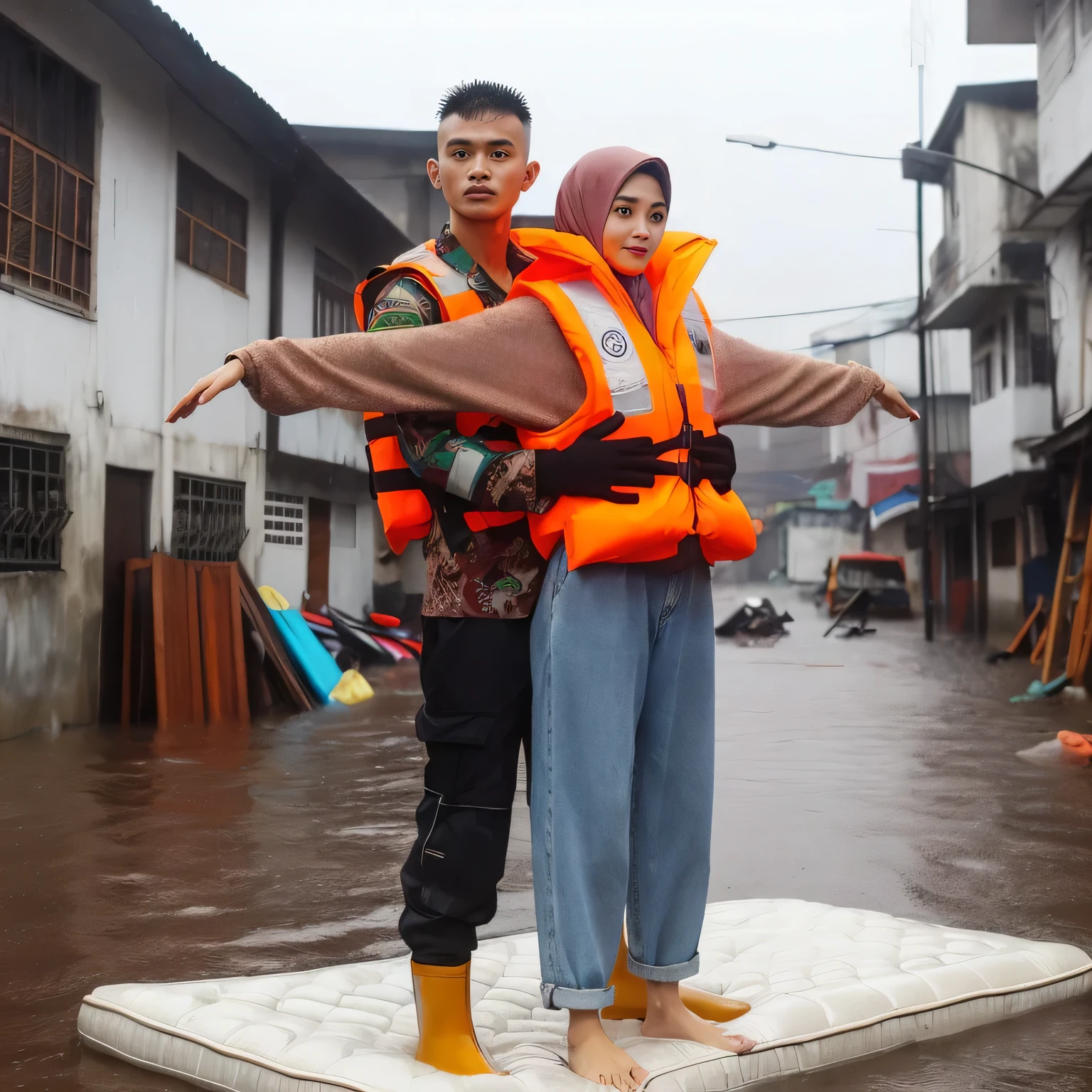 photo of an Indonesian young man ((buzz cut hair, thin body, wearing a rescue officer's uniform, orange life jacket, faded denim pants)). The young man was holding a beautiful Indonesian woman from behind while standing on the mattress ((30 years old, hijab, slim)) both are doing Titanic pose, the wonan have her arms outstretched. They are located at flood locations that submerged residential areas. The background is an alley in a rundown housing complex that was flooded, creating a dramatic atmosphere, drizzling rain, wet clothes effect, depth of field