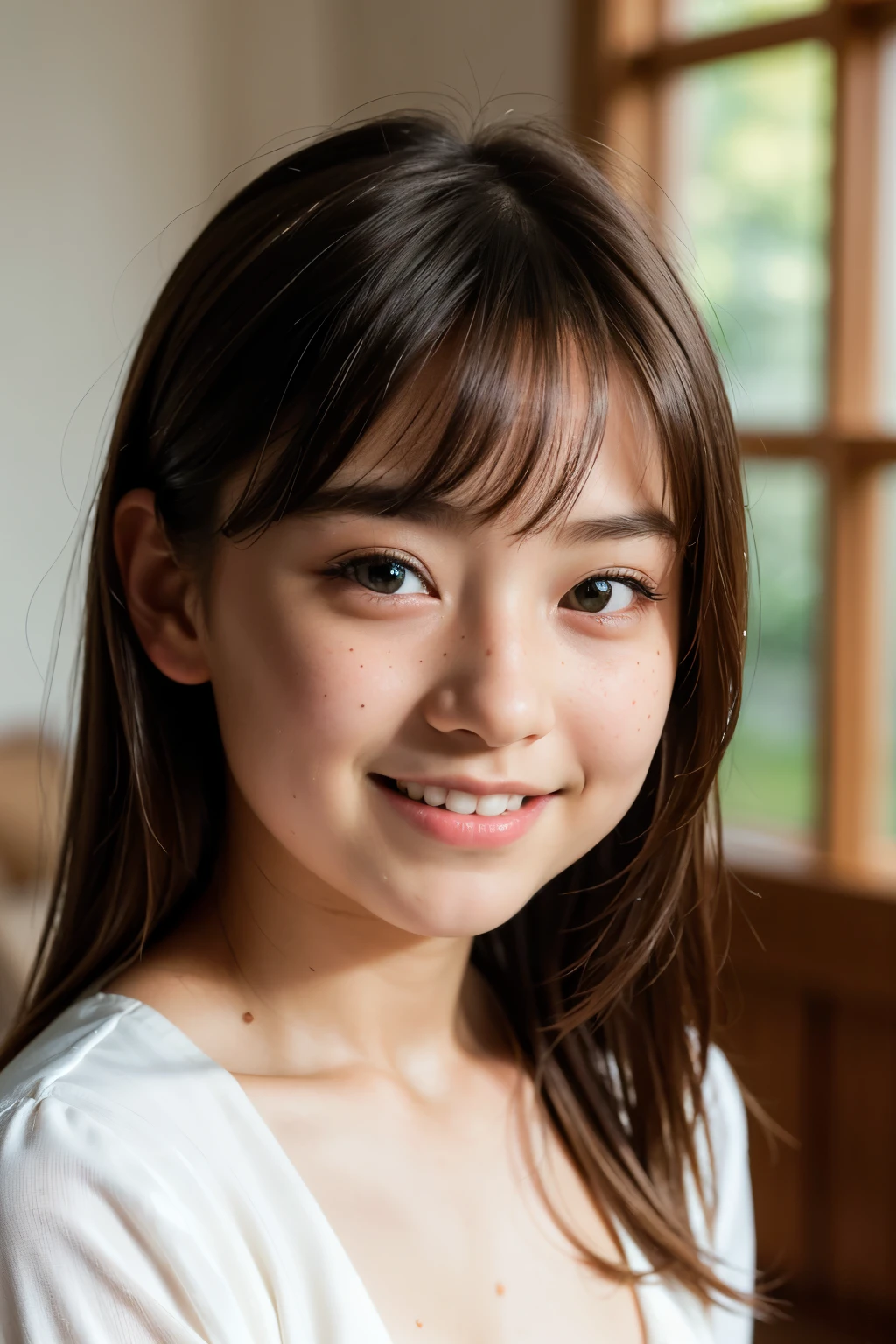 10 year old girl, teen, Japanese, (masterpiece:1.3)、1 person, Super detailed finish、(High resolution、8K:1.3)、(highest quality、Ultra-realistic as a photo:1.5)、sharp focus, 超High resolutionの顔、the face is in focus、Ultra high definition and beautiful eyes, very cute、very cute, smile, stare at the camera:1.2, white dress, soft light, freckles:0.6