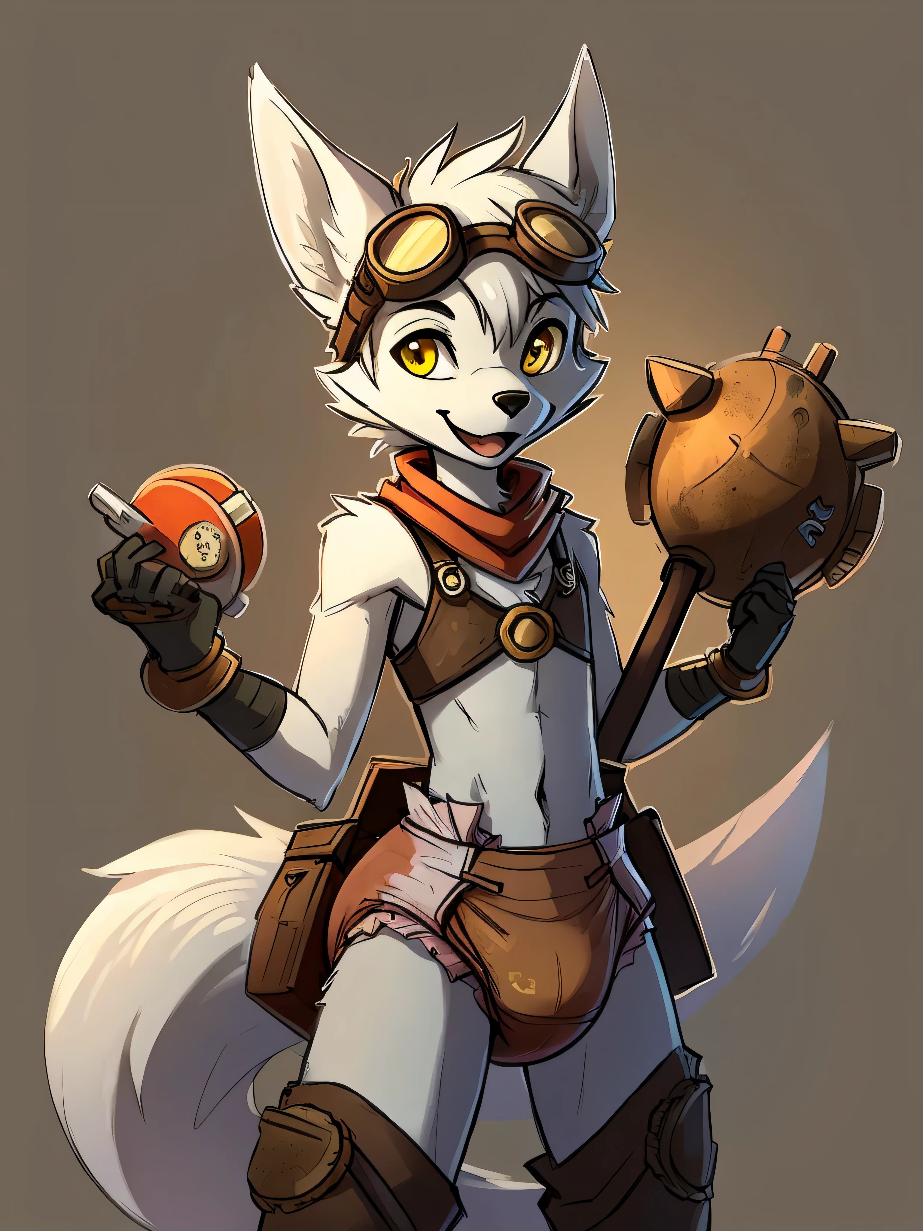 Male, arctic wolf, detailed yellow eyes, long tail, tinkerer, slim, sly, simple background, detailed plain diaper, tools, artificer, happy, goggles on head, steampunk