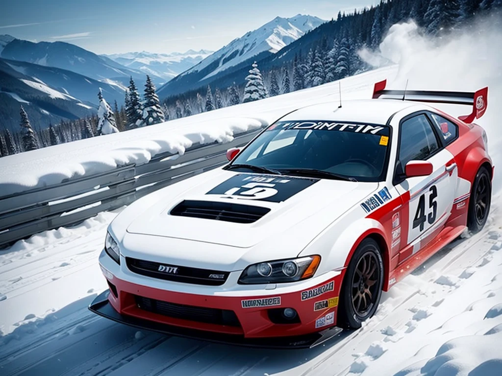 racing car, running through snowy mountain road, drift, 2 cars, snow smoke, female driver