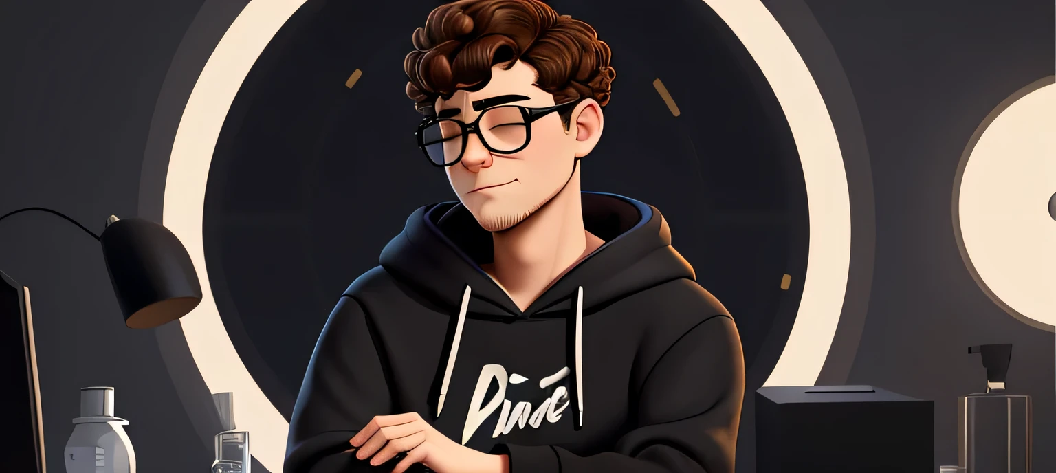 25 years old guy wearing black hoodie and rounded circular glasses, with short curly brown hair, diamond face, closed mouth, closed eyes, smirking, thick neck.