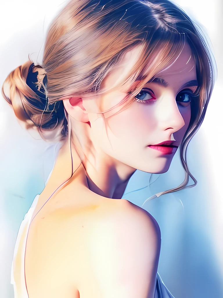 (8K, highest quality, masterpiece:1.2),(highest quality:1.0), (ultra high resolution:1.0), watercolor, Beautiful woman, shoulder, hair ribbon, Written by Agnes Cecil, half body portrait, very bright and bright design, pastel colour, (ink:1.3), autumn lights,